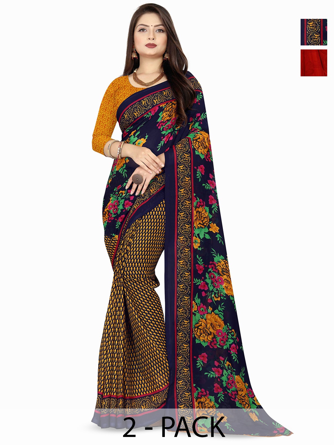 

ANAND SAREES Selection Of 2 Printed Sarees, Red
