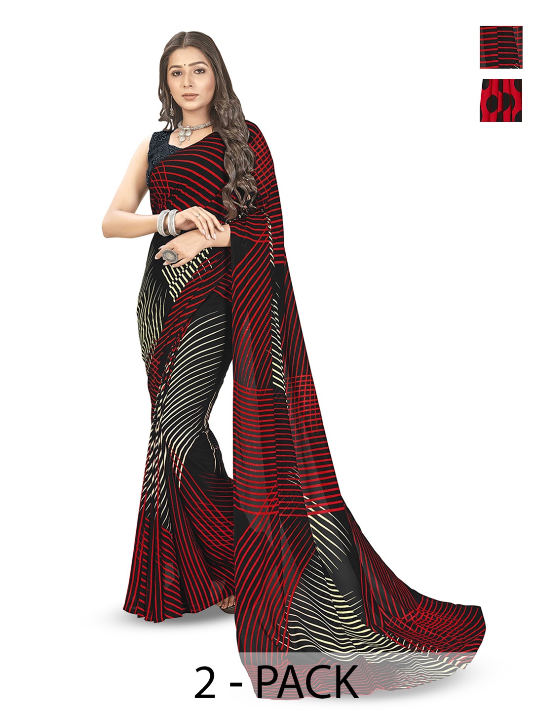 

ANAND SAREES Selection of 2 Geometric Printed Sarees, Red