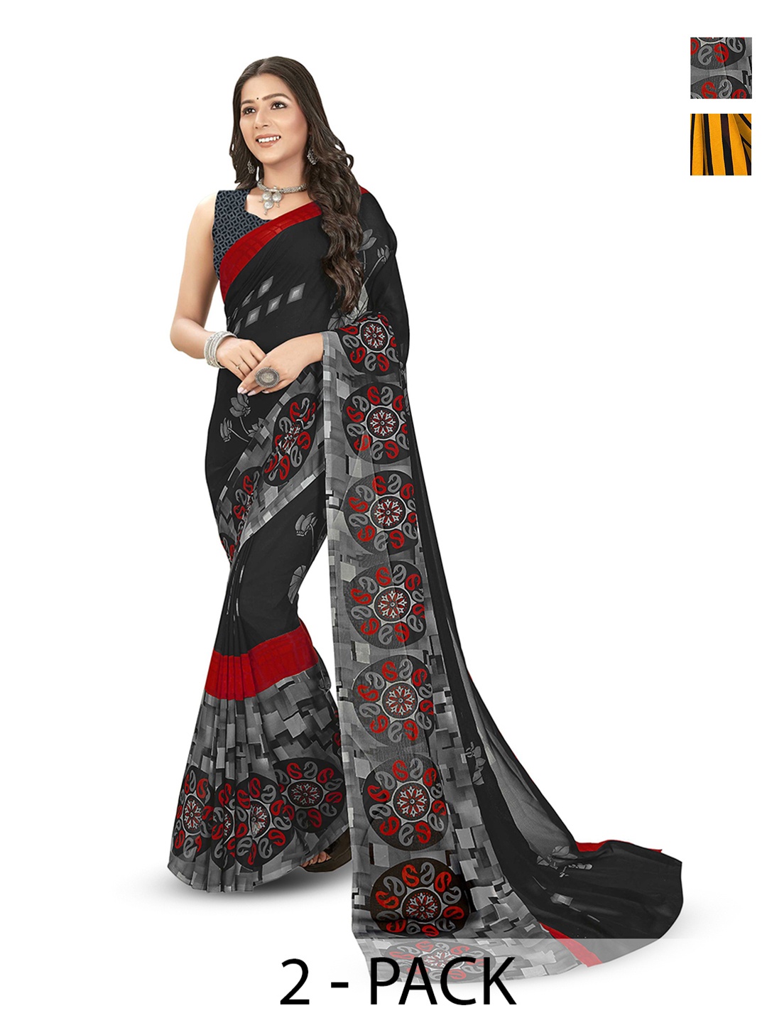 

ANAND SAREES Selection Of 2 Printed Saree, Black