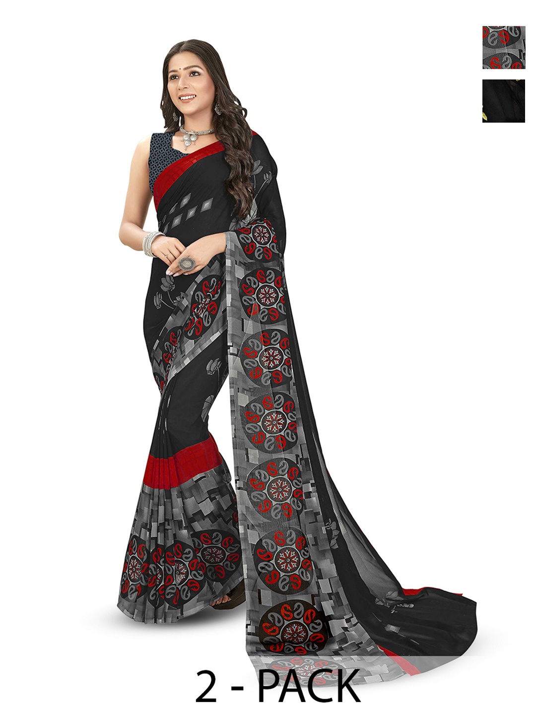 

ANAND SAREES Selection Of 2 Floral Printed Sarees, Black