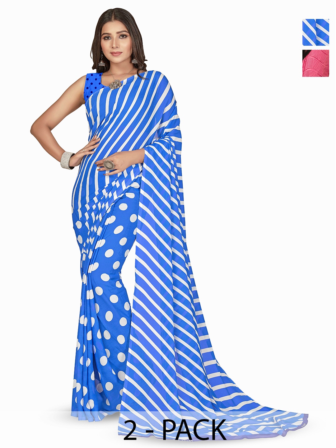 

ANAND SAREES Pack of 2 Polka Dots Printed Sarees, Blue