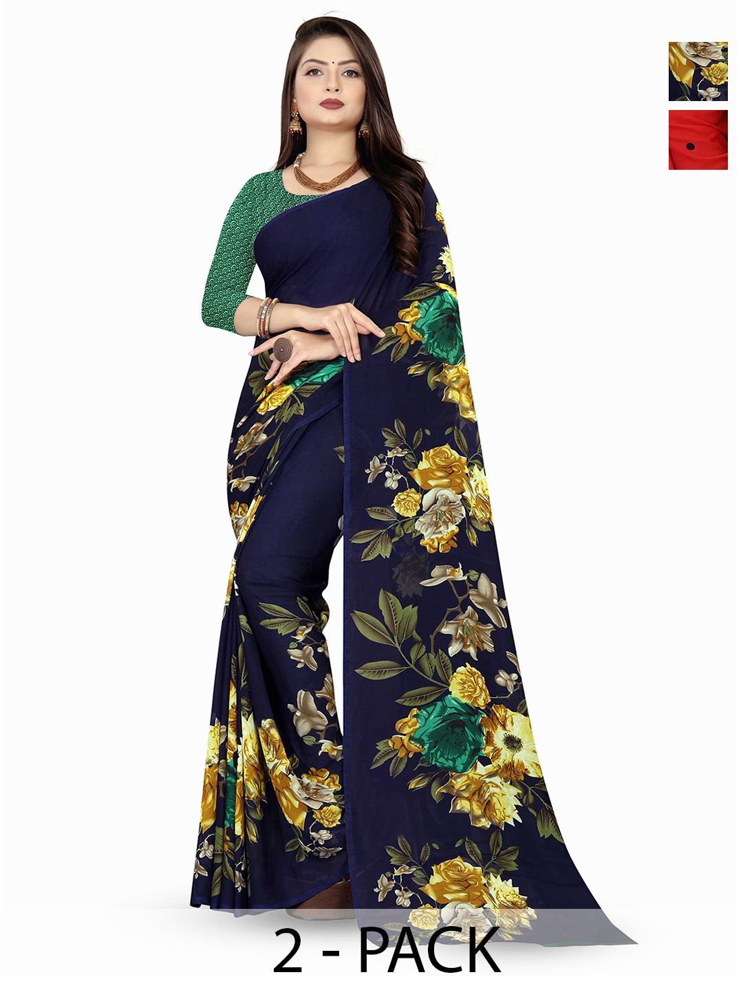 

ANAND SAREES Floral Poly Georgette Saree Pack of 2, Navy blue