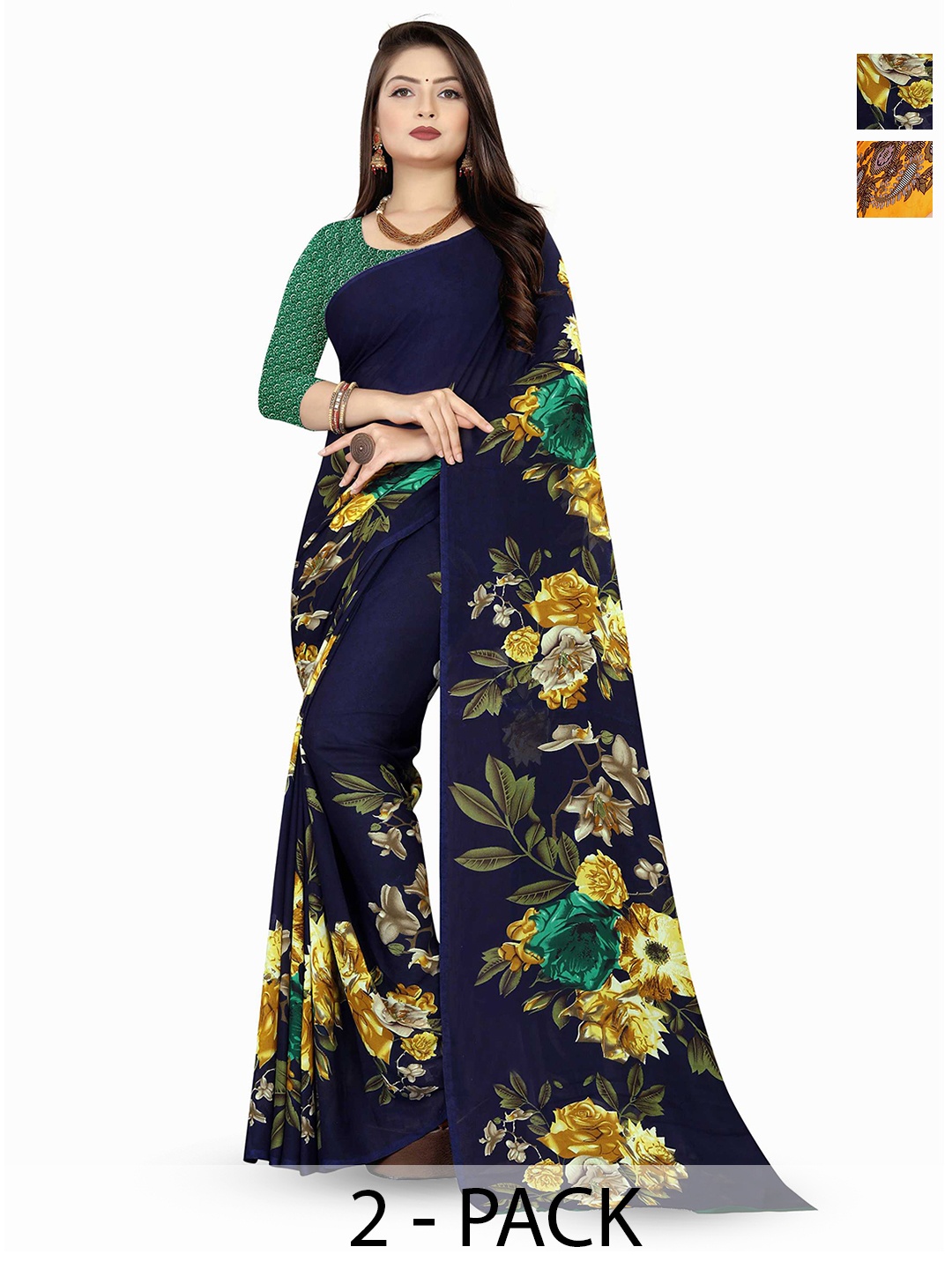 

ANAND SAREES Pack Of 2 Floral Poly Georgette Saree, Navy blue