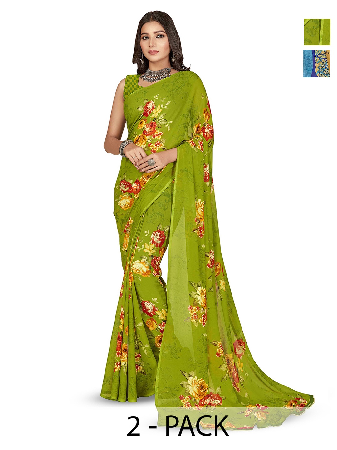 

ANAND SAREES Selection Of 2 Floral Printed Sarees, Blue