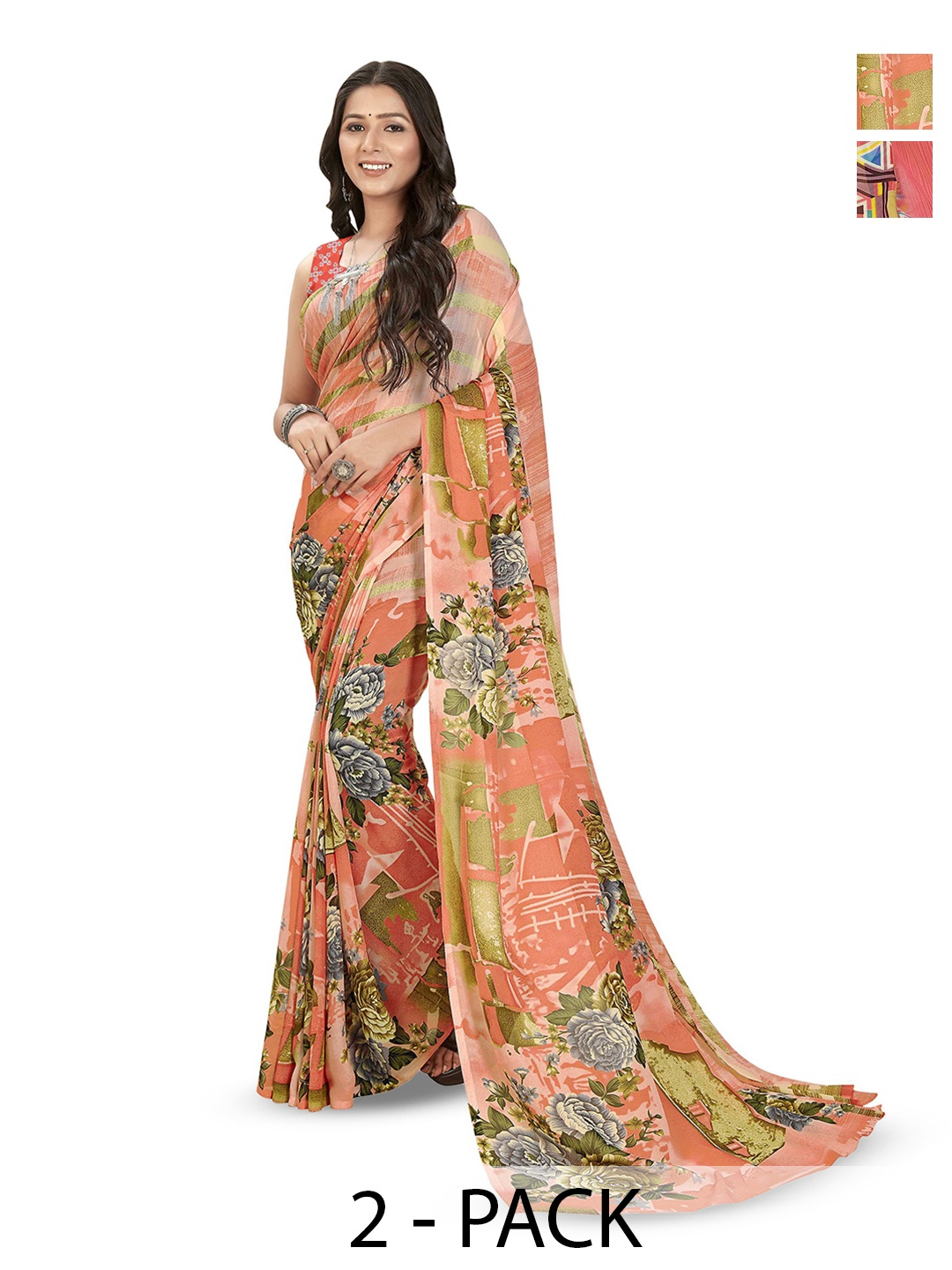 

ANAND SAREES Selection Of 2 Floral Printed Sarees, Orange