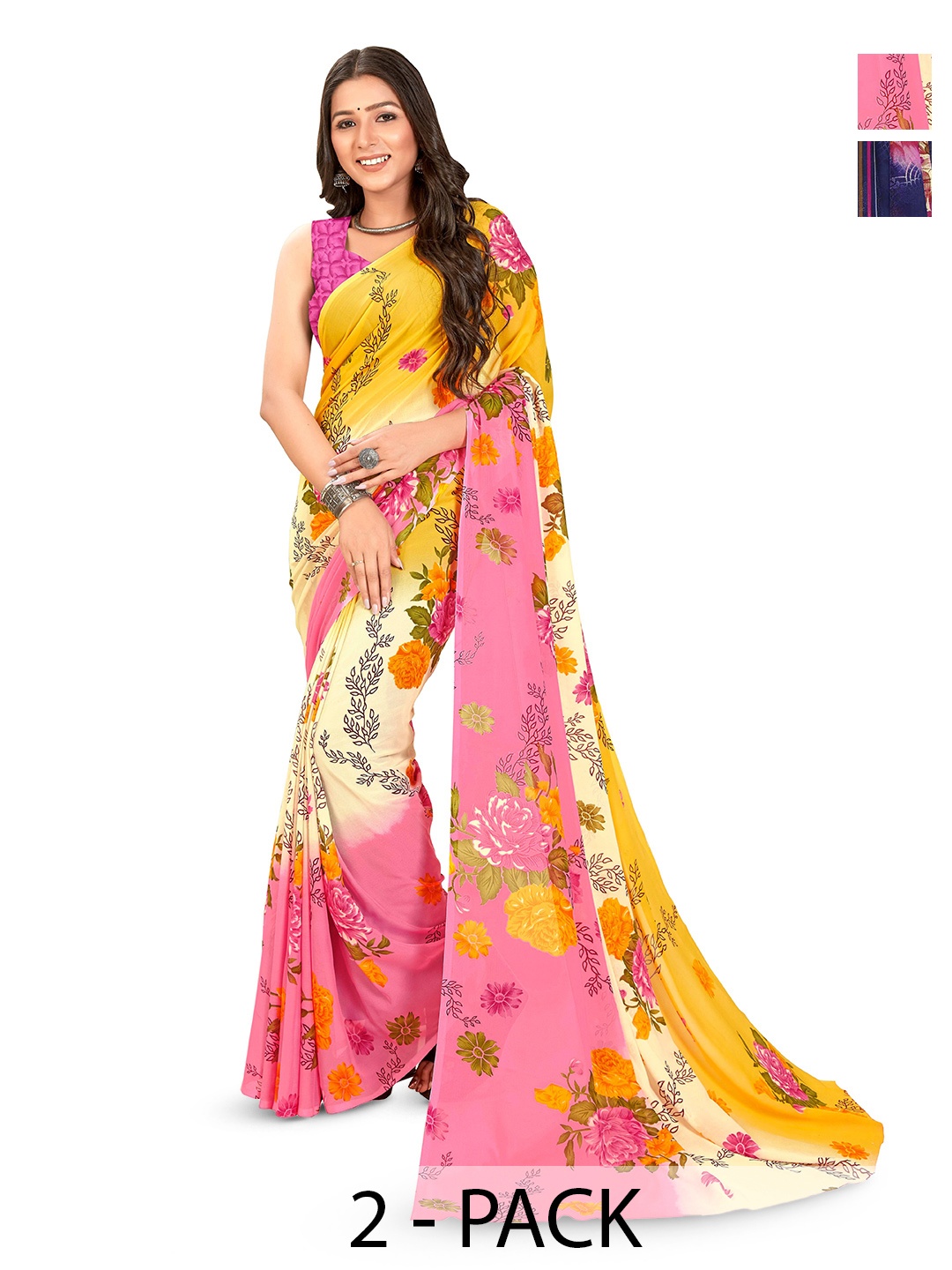 

ANAND SAREES Selection Of 2 Floral Printed Sarees, Pink