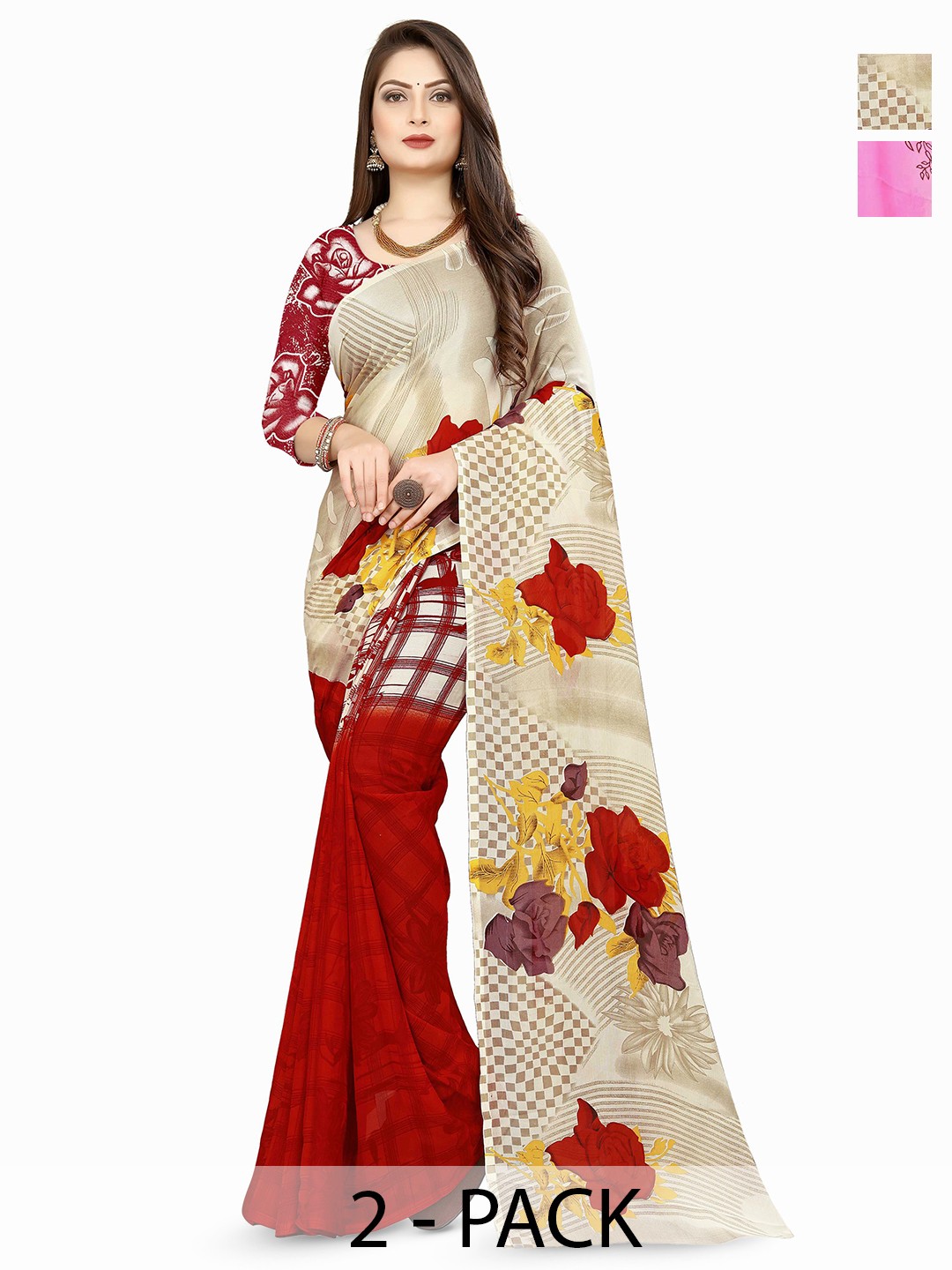 

ANAND SAREES Pack Of 2 Floral Poly Georgette Saree, Pink