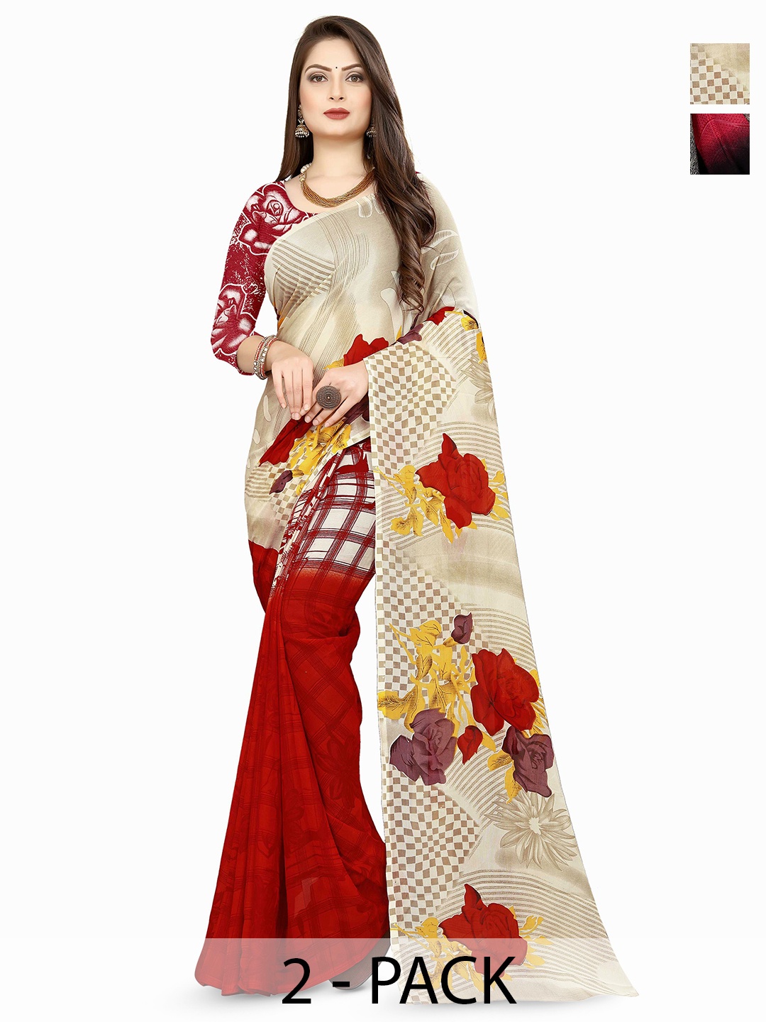 

ANAND SAREES Floral Poly Georgette Saree Pack of 2, Red