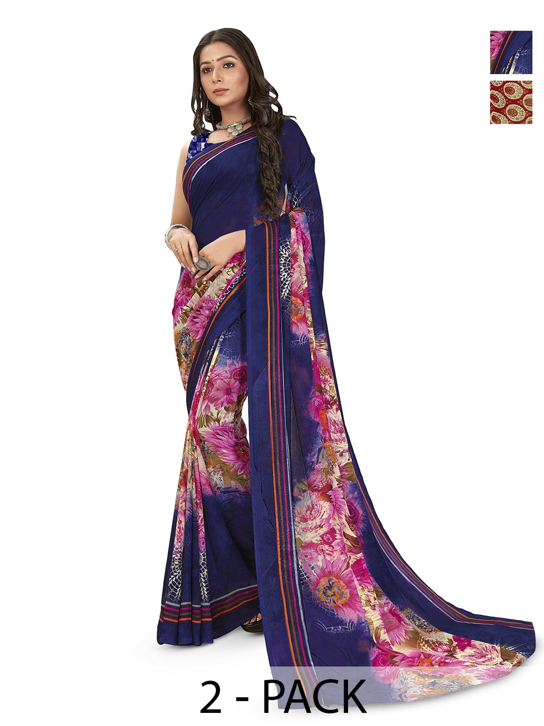 

ANAND SAREES Selection Of 2 Floral Printed Sarees, Blue