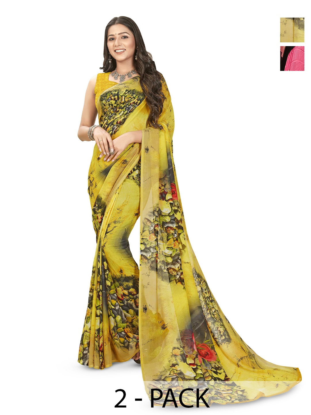 

ANAND SAREES Floral Poly Georgette Saree Pack of 2, Yellow