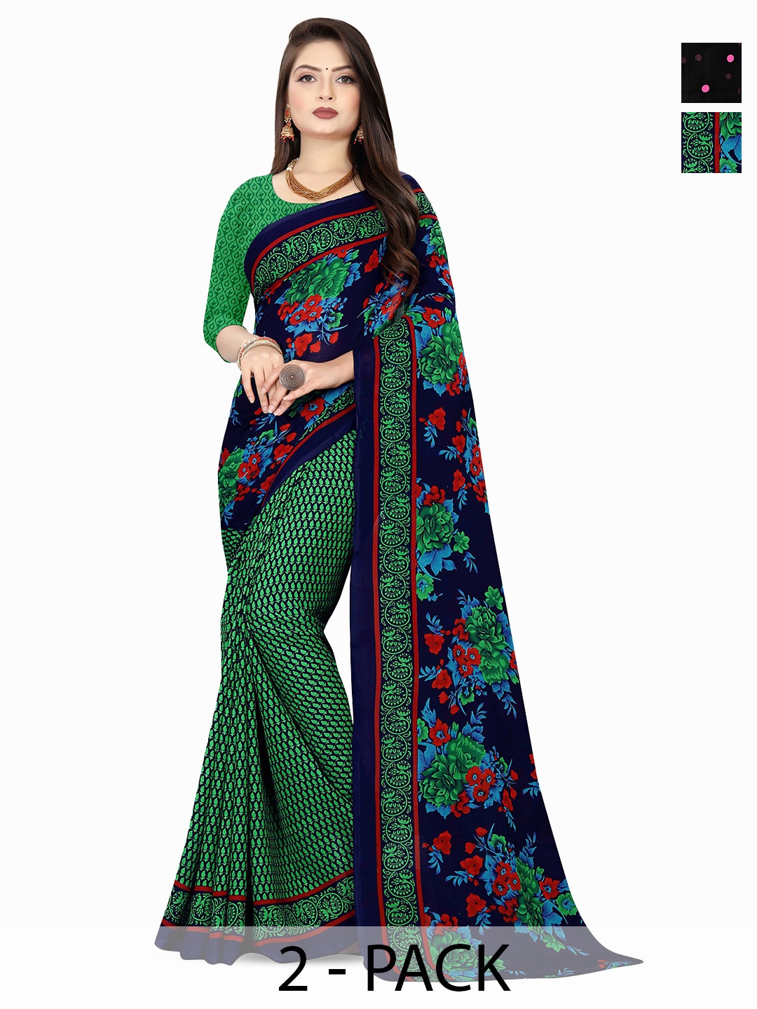 

ANAND SAREES Selection Of 2 Polka Dot Printed Sarees, Black