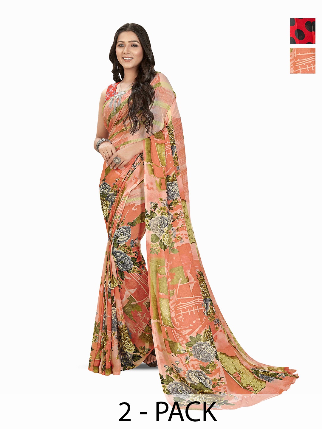

ANAND SAREES Selection Of 2 Polka Dot Printed Sarees, Red