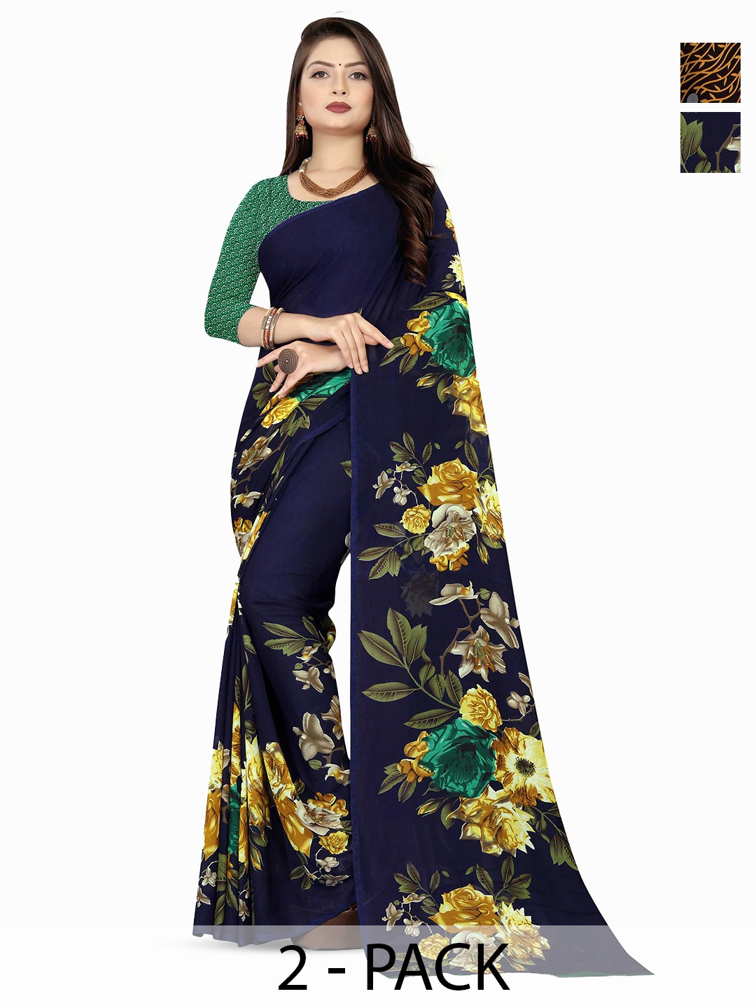 

ANAND SAREES Selection Of 2 Floral Printed Sarees, Blue