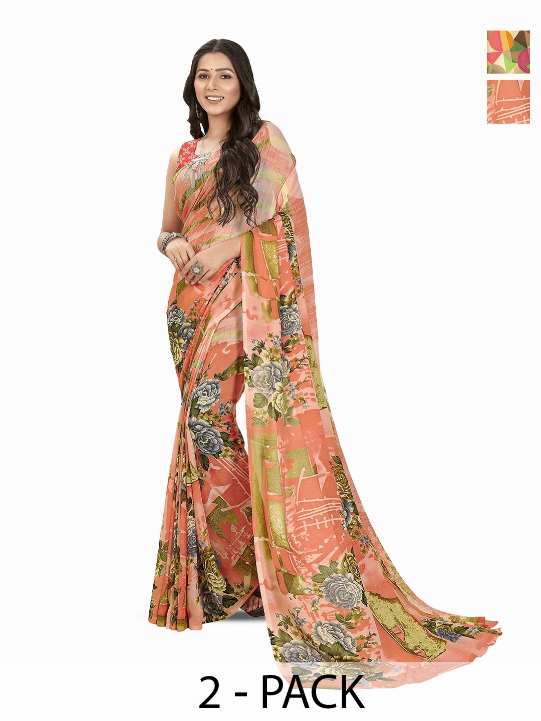 

ANAND SAREES Selection Of 2 Floral Printed Sarees, Yellow