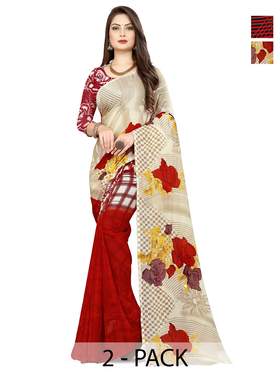 

ANAND SAREES Selection of 2 Floral & Geometric Printed Sarees, Red