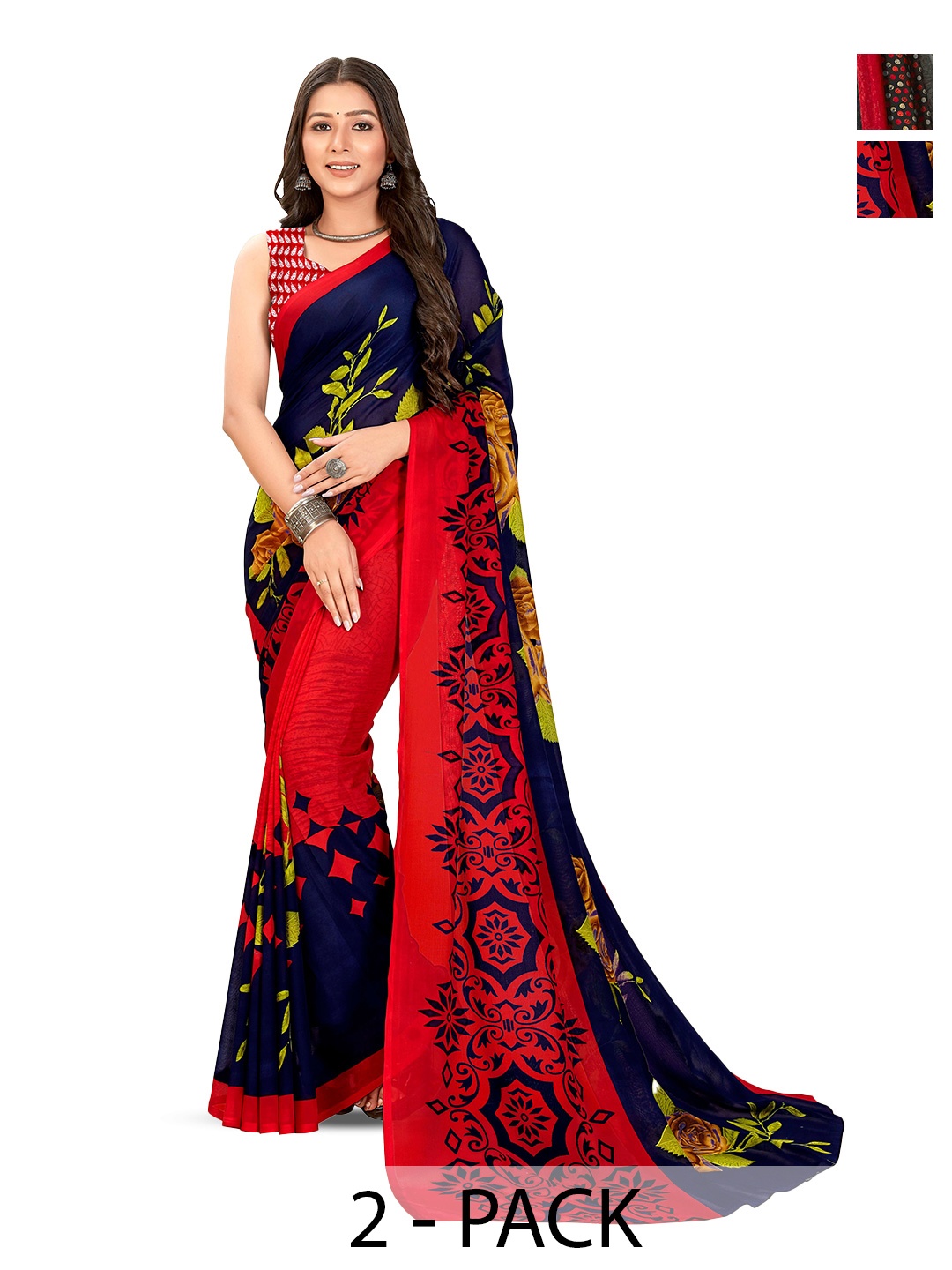 

ANAND SAREES Selection Of 2 Floral Printed Sarees, Black