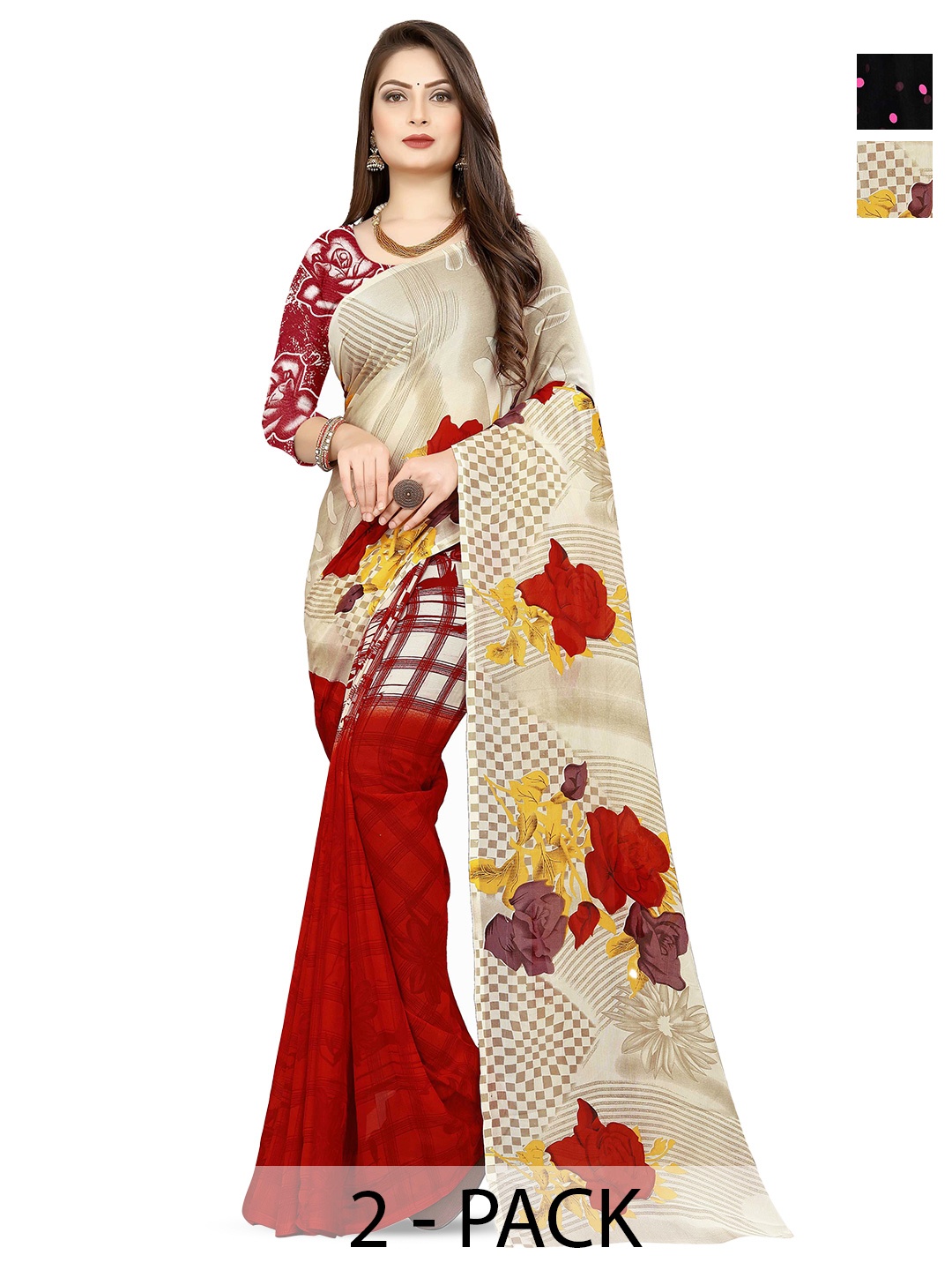 

ANAND SAREES Selection Of 2 Polka Dot Printed Sarees, Black