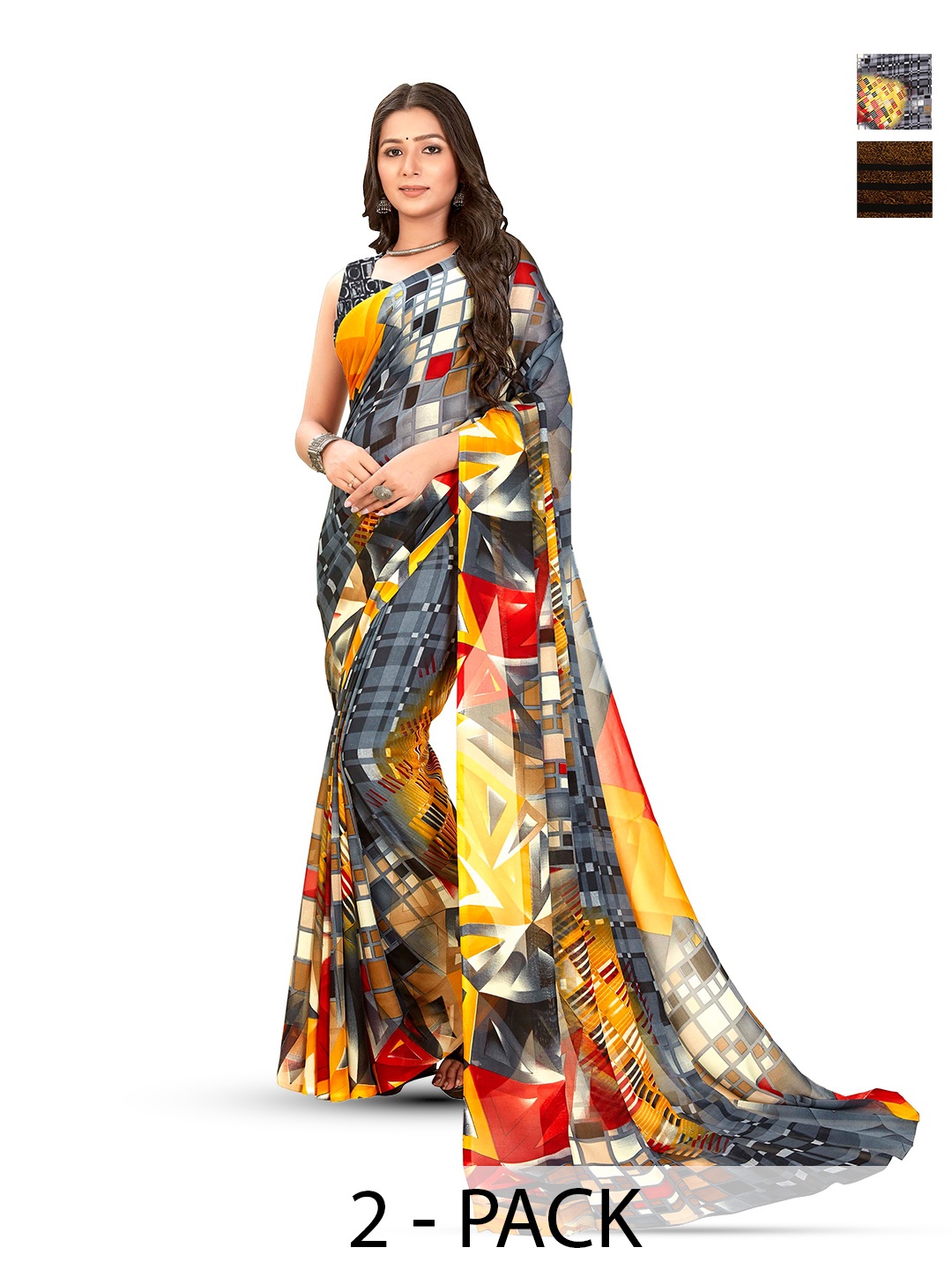 

ANAND SAREES Selection of 2 Geometric & Abstract Printed Sarees, Yellow