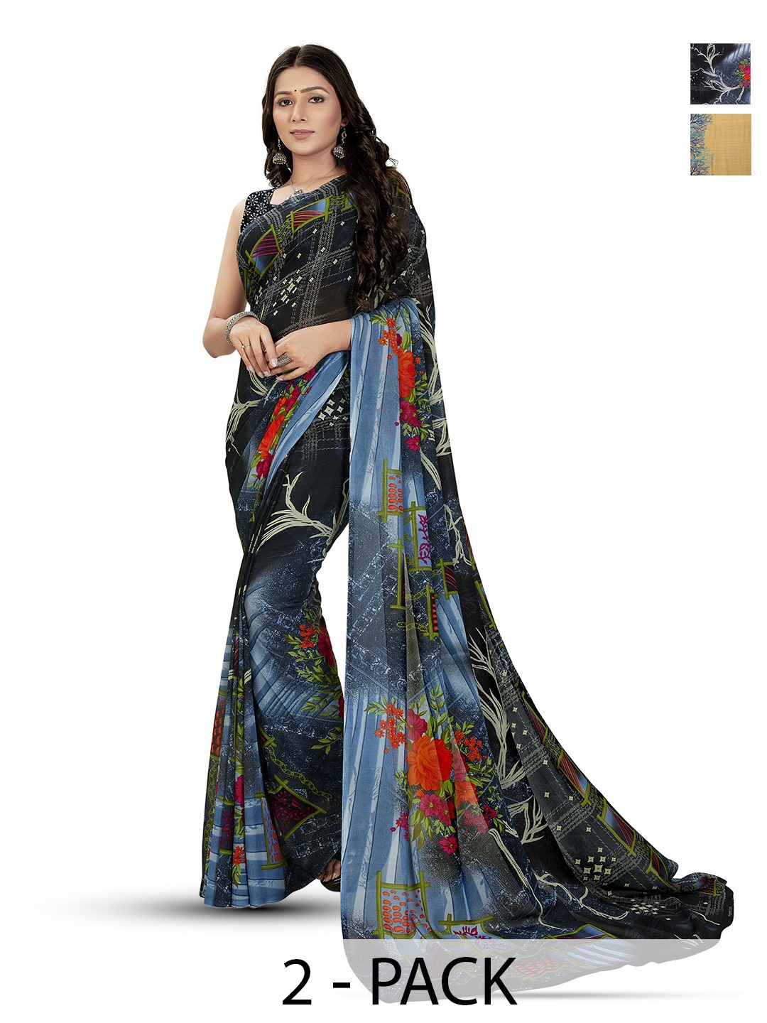 

ANAND SAREES Pack of 2 Ethnic Motifs Georgette Saree, Blue