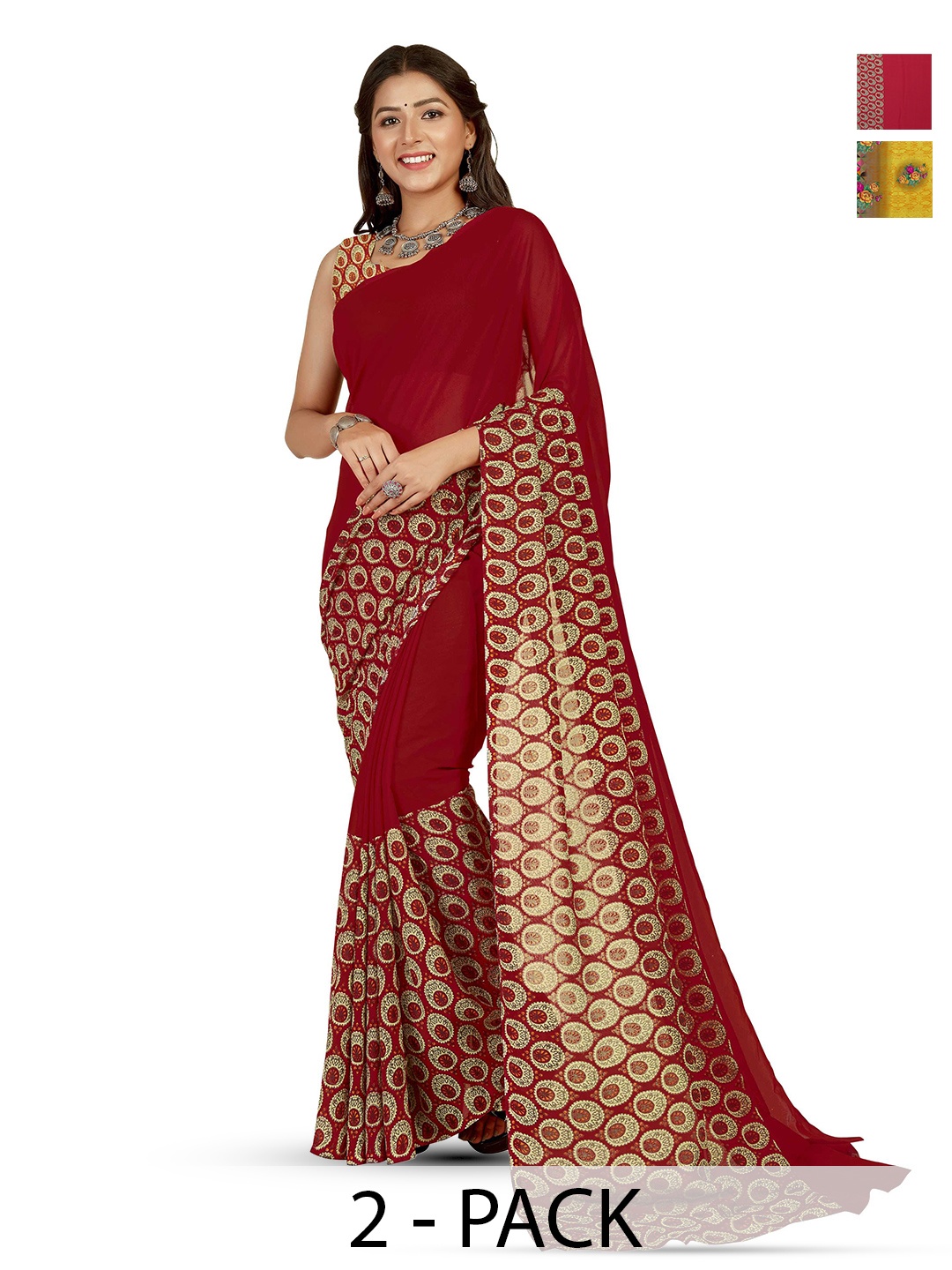

ANAND SAREES Poly Georgette Saree Pack of 2, Red