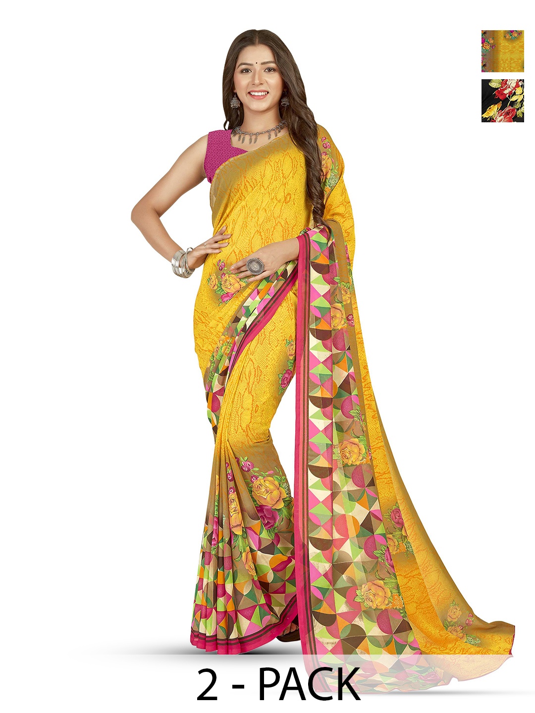 

ANAND SAREES Selection Of 2 Printed Saree, Yellow