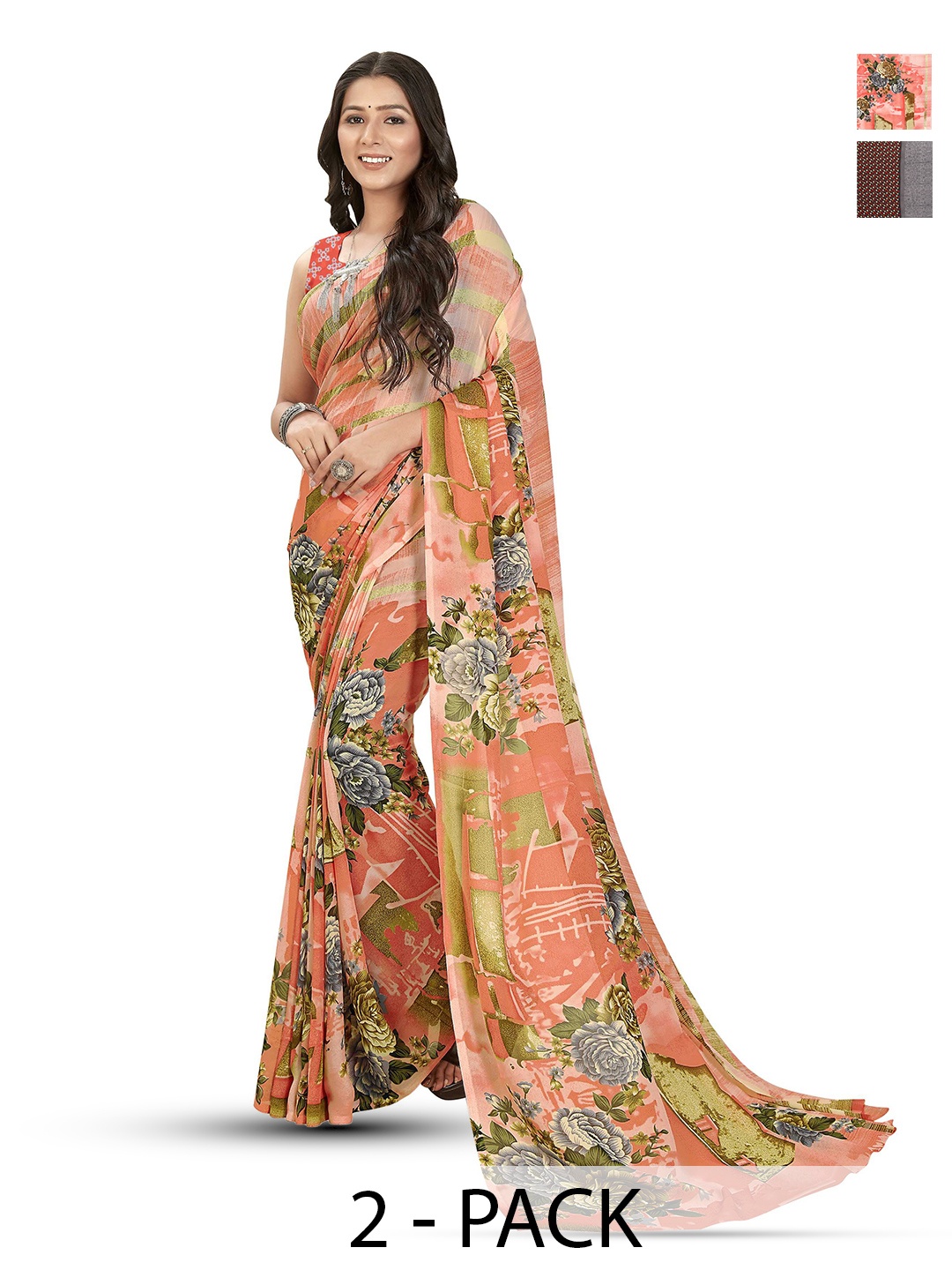 

ANAND SAREES Selection Of 2 Floral Printed Sarees, Black