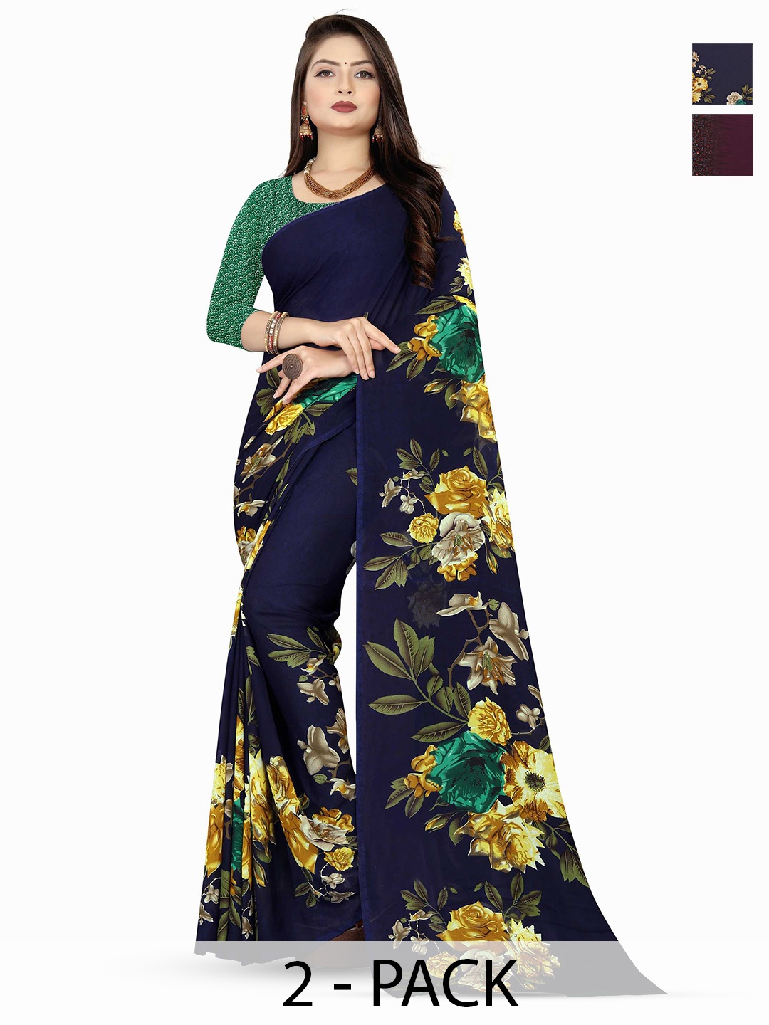 

ANAND SAREES Floral Poly Georgette Saree, Navy blue