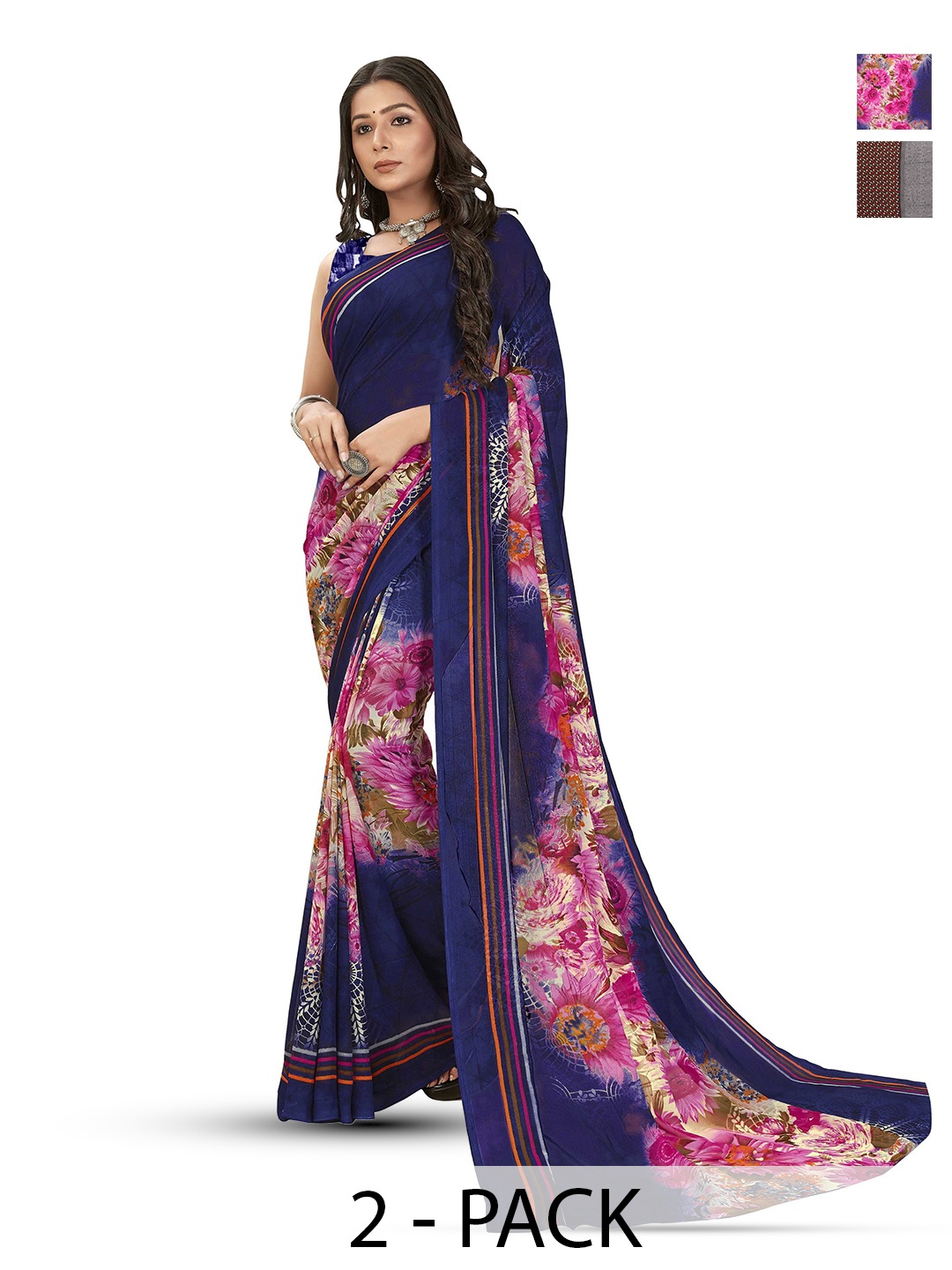 

ANAND SAREES Selection of 2 Floral Printed Sarees, Blue