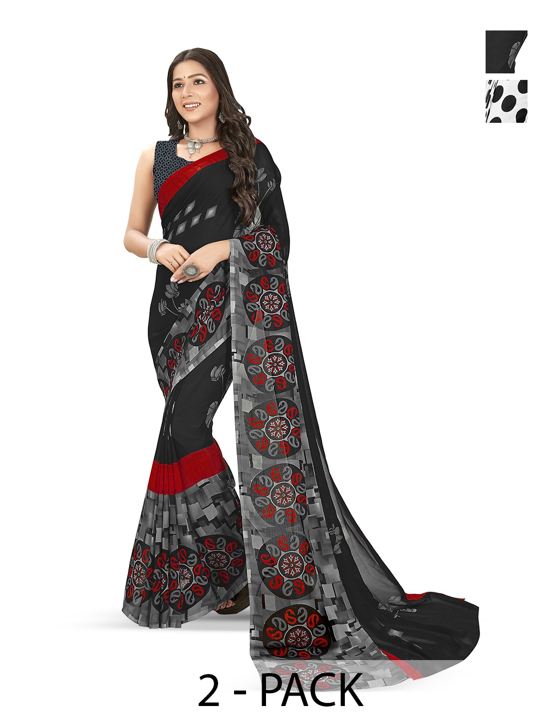 

ANAND SAREES Selection Of 2 Floral Printed Sarees, Black