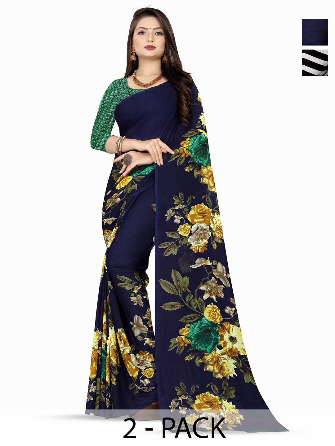 

ANAND SAREES Selection Of 2 Floral Printed Sarees, Blue