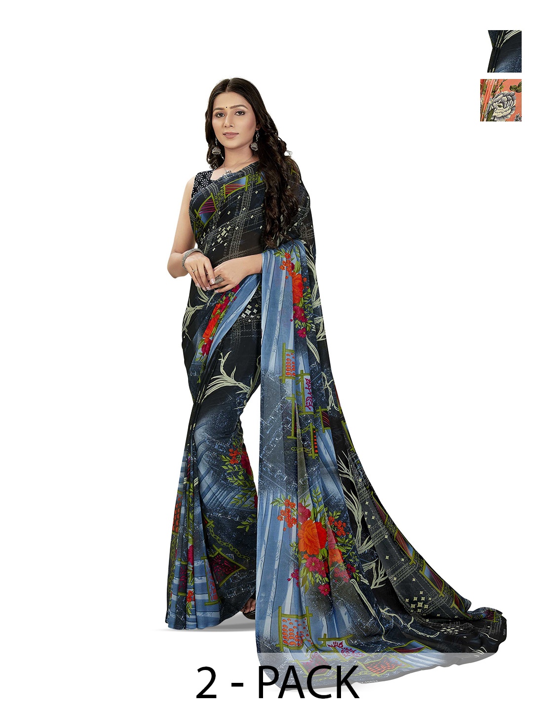 

ANAND SAREES Floral Poly Georgette Saree Pack of 2, Blue