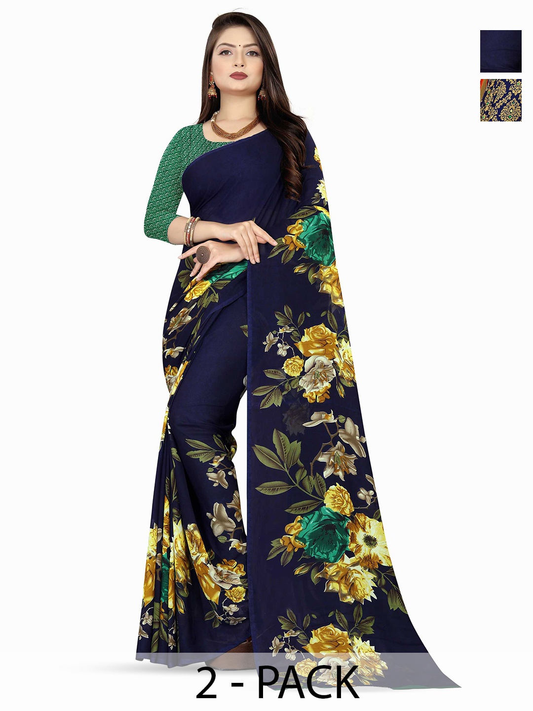 

ANAND SAREES Selection Of 2 Floral Printed Sarees, Blue