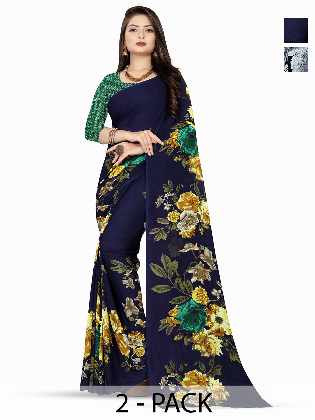 

ANAND SAREES Floral Poly Georgette Saree, Navy blue