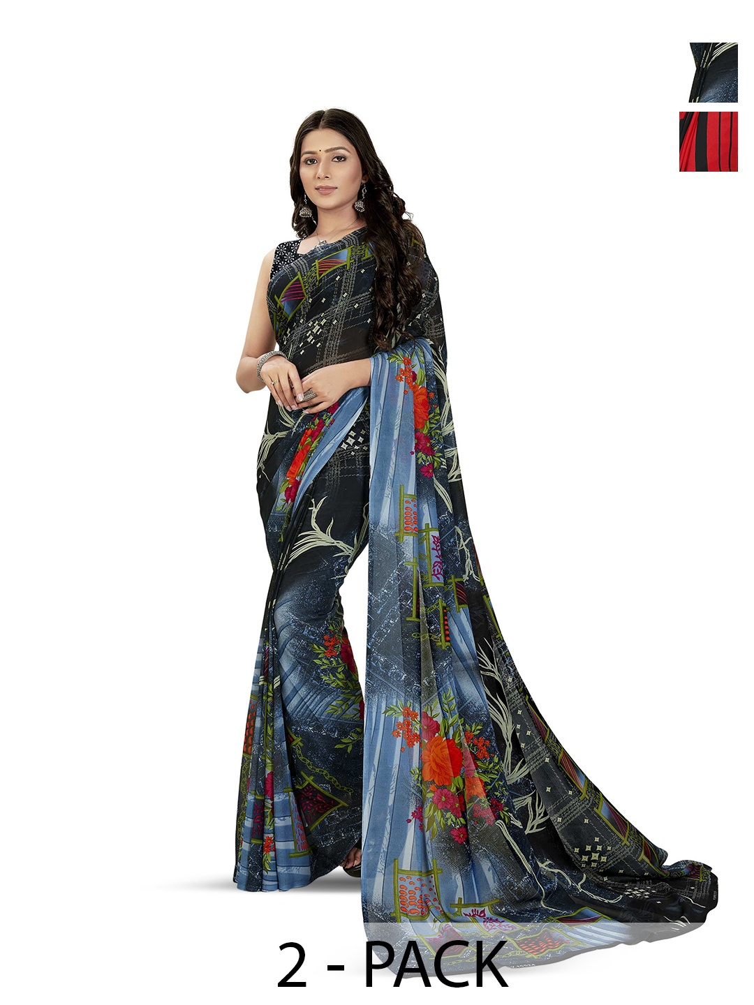 

ANAND SAREES Polka Dot Poly Georgette Half and Half Saree, Black
