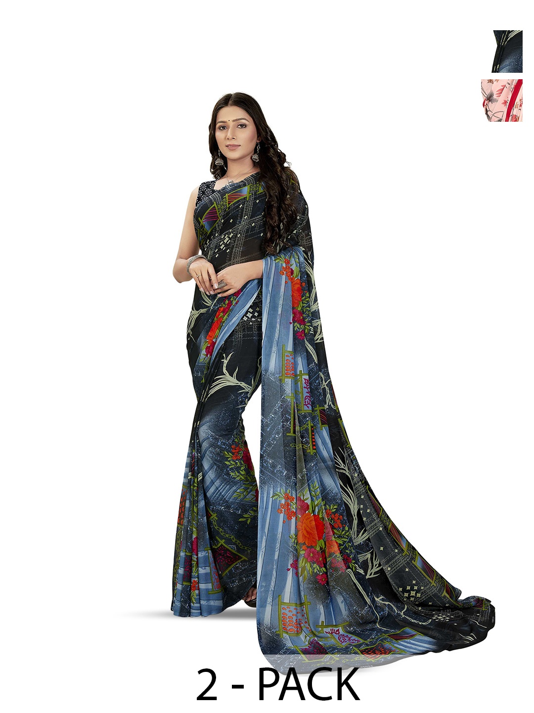 

ANAND SAREES Floral Poly Georgette Saree Pack of 2, Pink