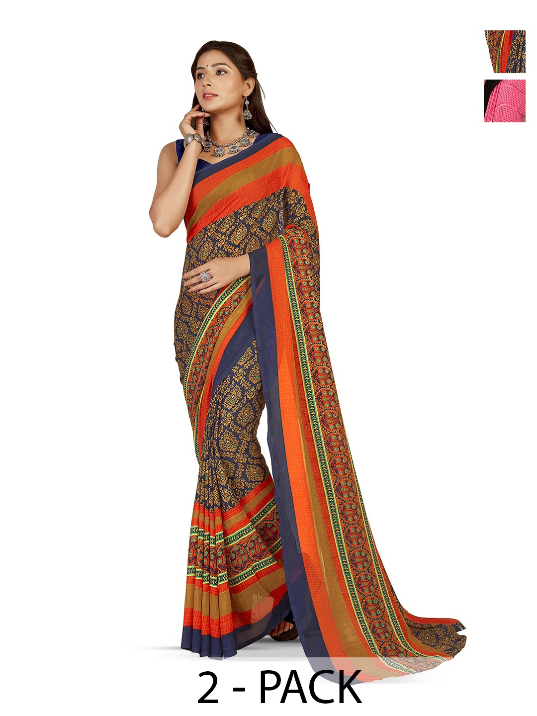 

ANAND SAREES Selection Of 2 Ethnic Motifs Printed Sarees, Blue