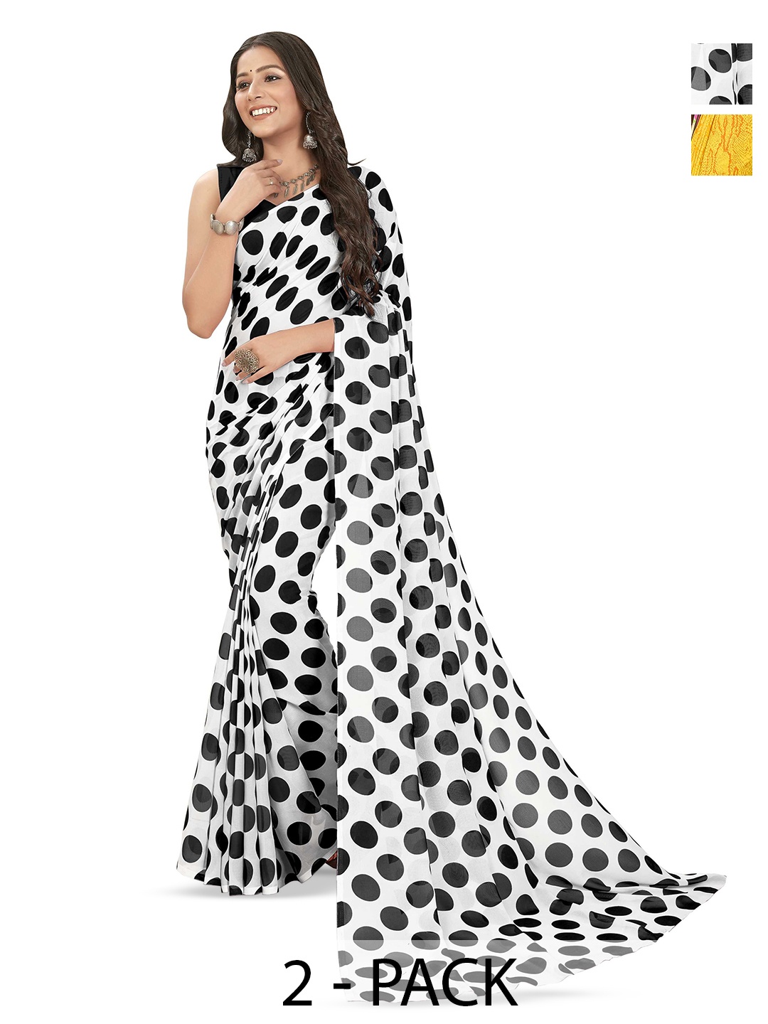 

ANAND SAREES Selection Of 2 Polka Dots Printed Sarees, Black