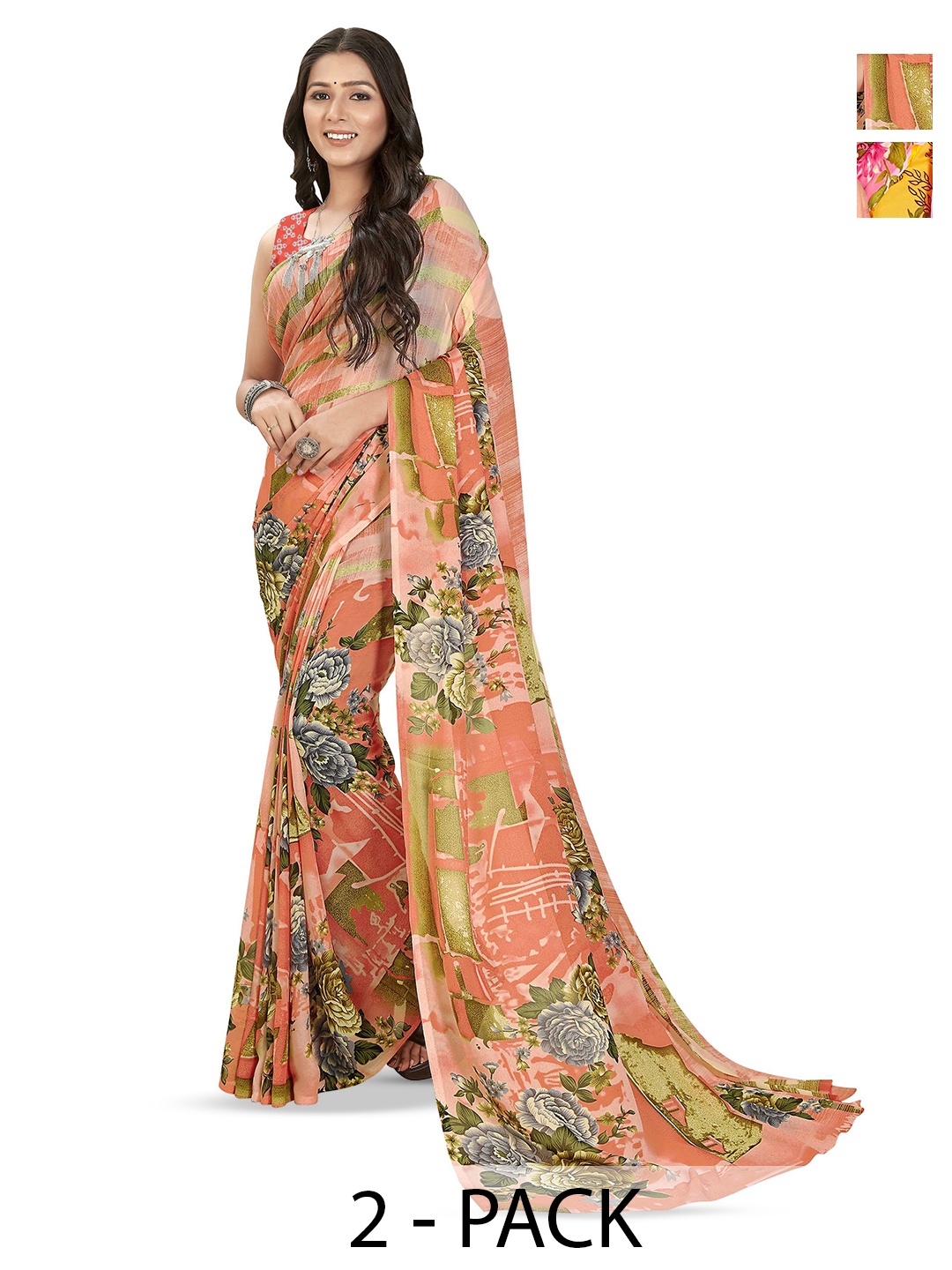 

ANAND SAREES Selection of 2 Floral Sarees, Pink