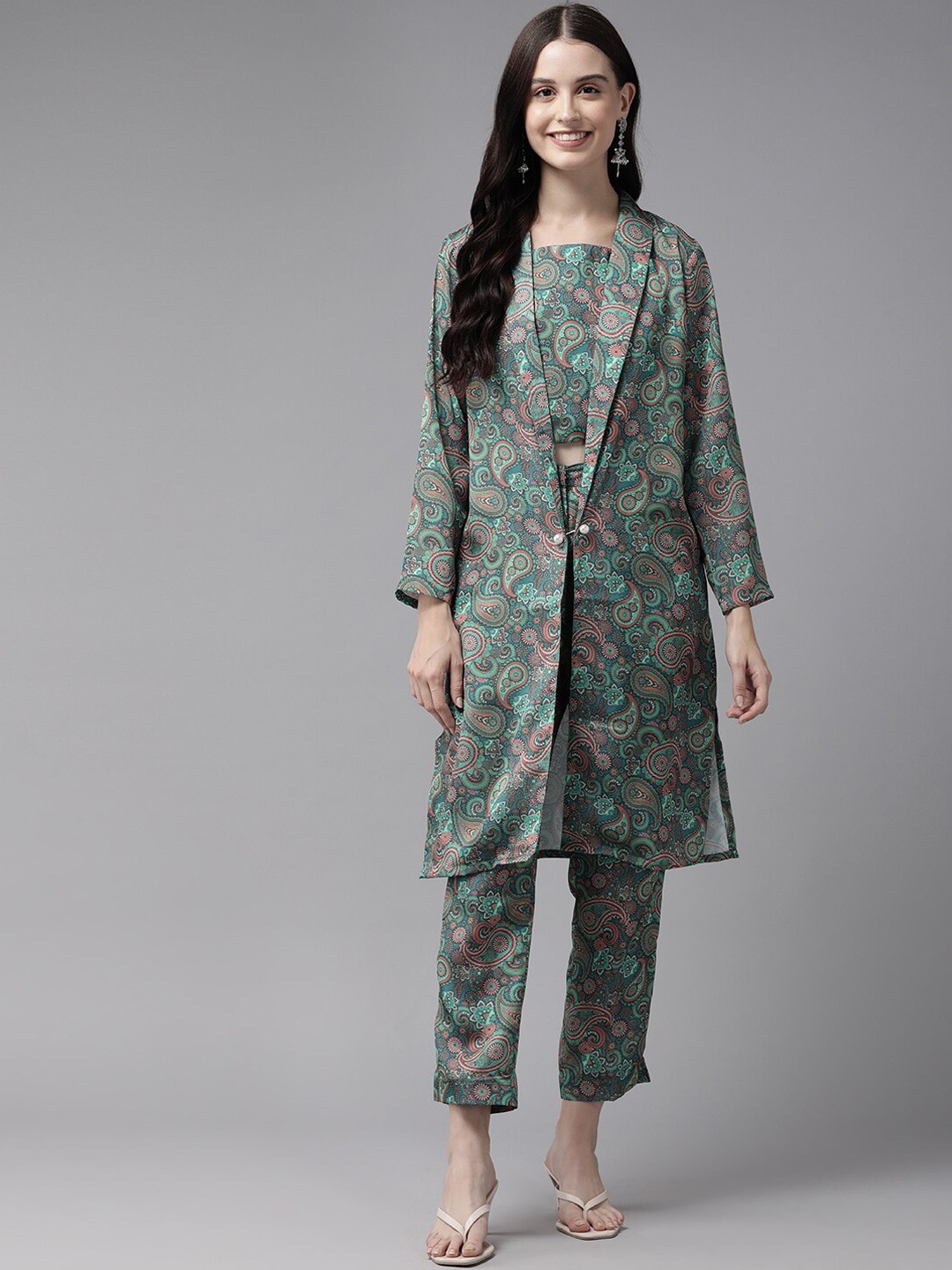 

Aarika Paisley Printed Shoulder Straps Satin Top With Trousers & Shrug, Green
