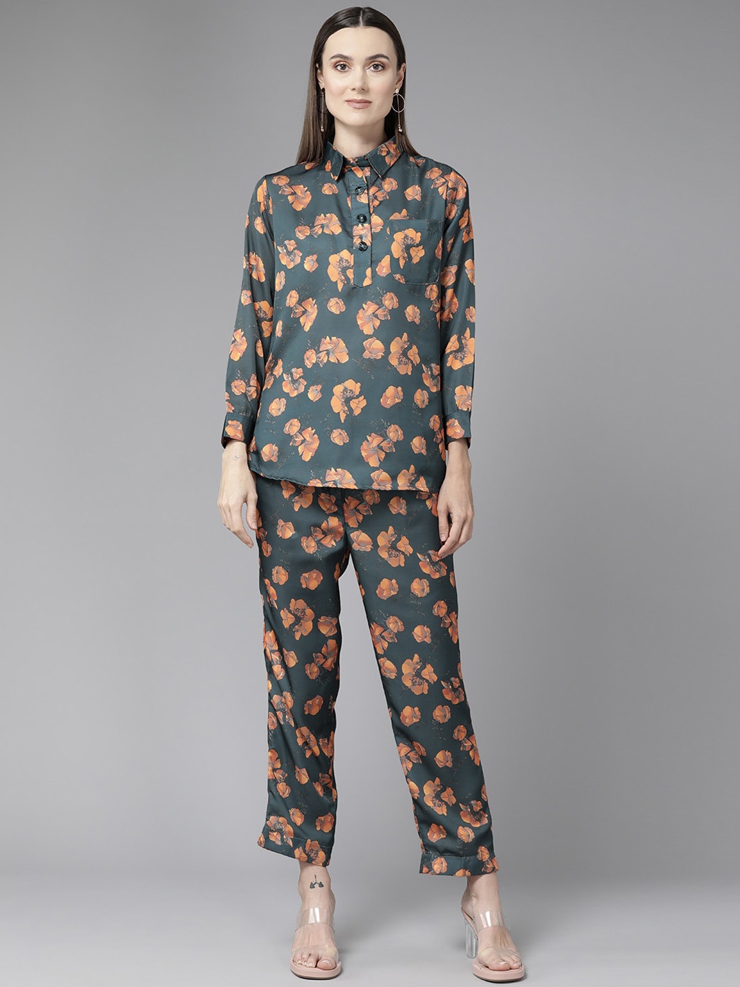 

Aarika Floral Printed Shirt Collar Long Sleeves Top & Trousers, Green