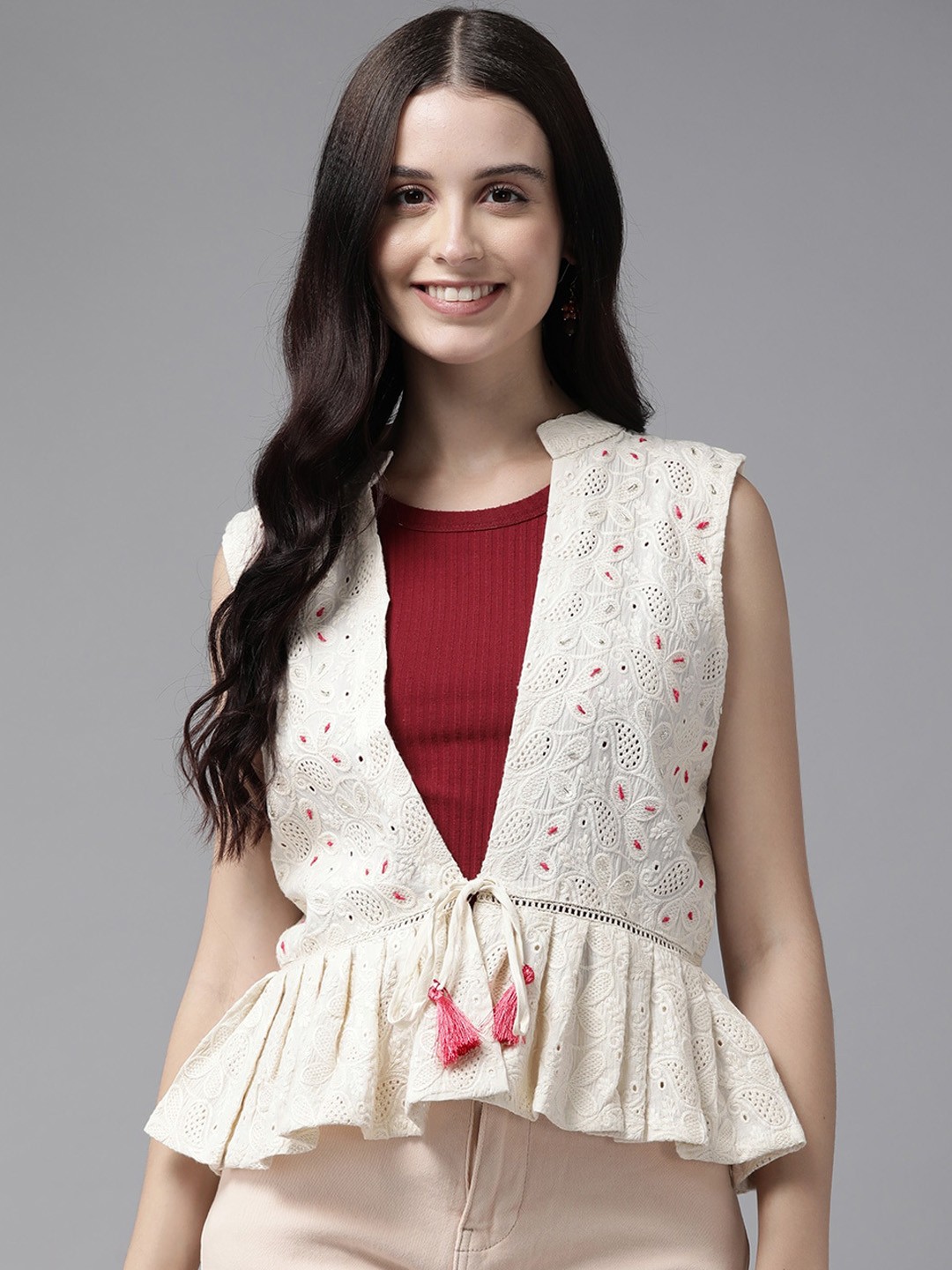 

Aarika Women Floral Chikankari Embroidered Cotton Tailored Jacket, Cream