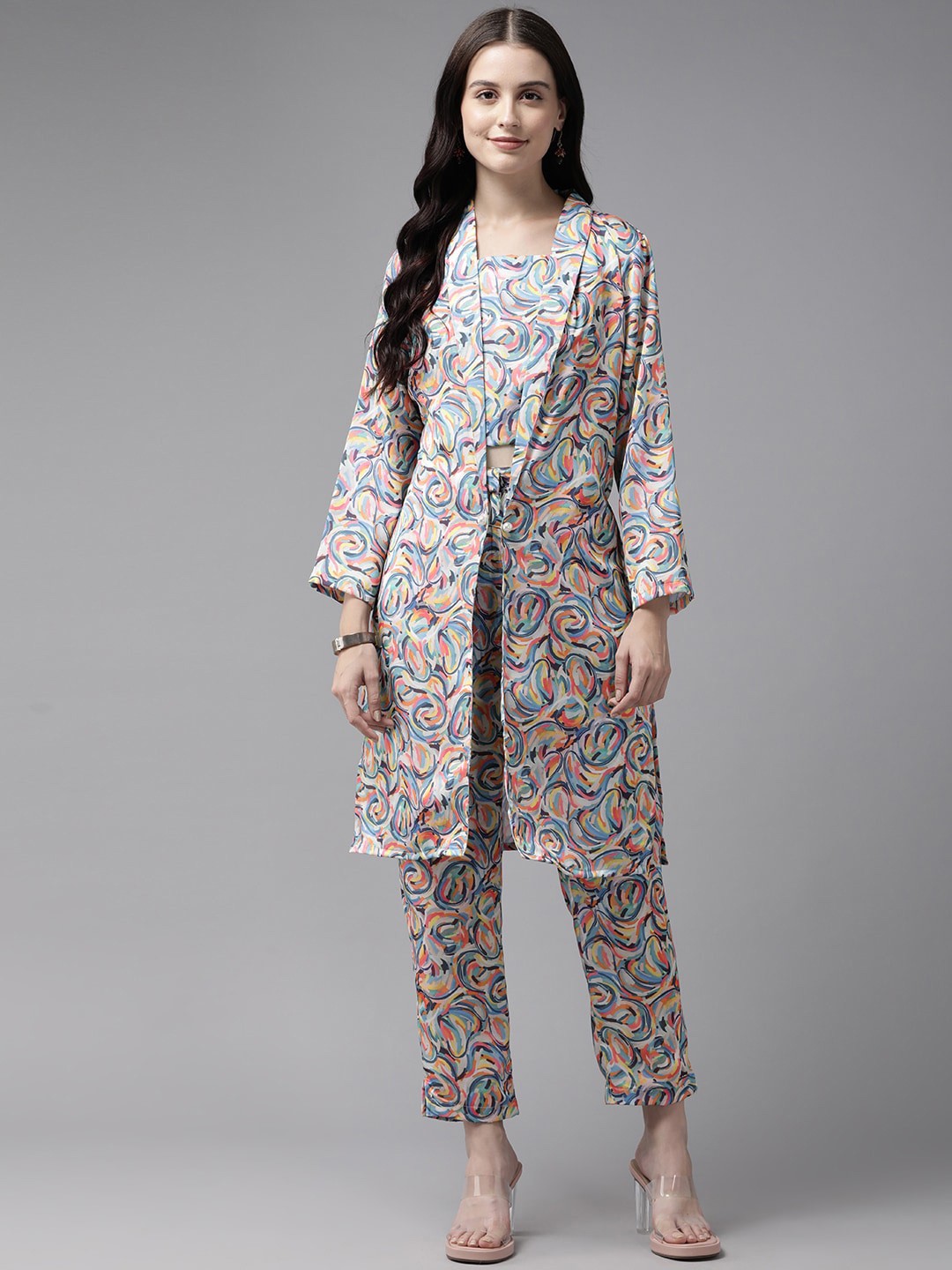 

Aarika Printed Shoulder Straps Satin Top With Trousers & Jacket, Teal