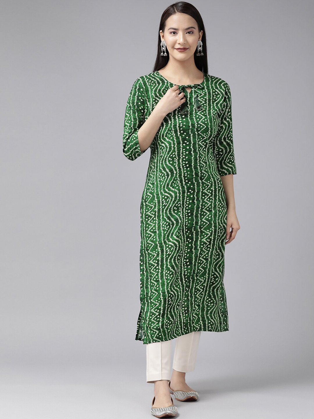 

Aarika Geometric Printed Mirror Work Cotton Tie-Up Neck A-Line Kurta, Green