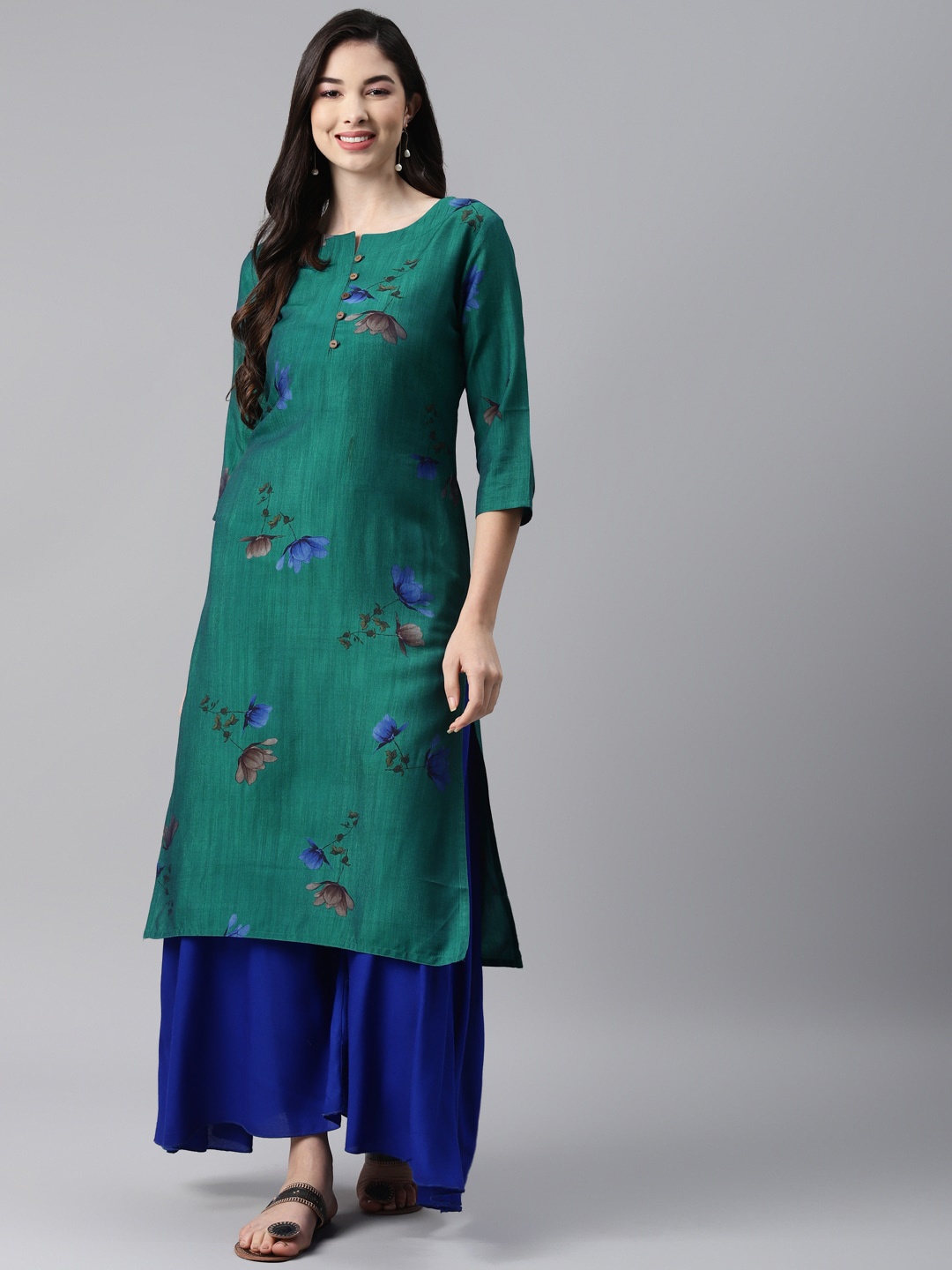 

Aarika Floral Printed Round Neck Cotton Straight Kurta, Green