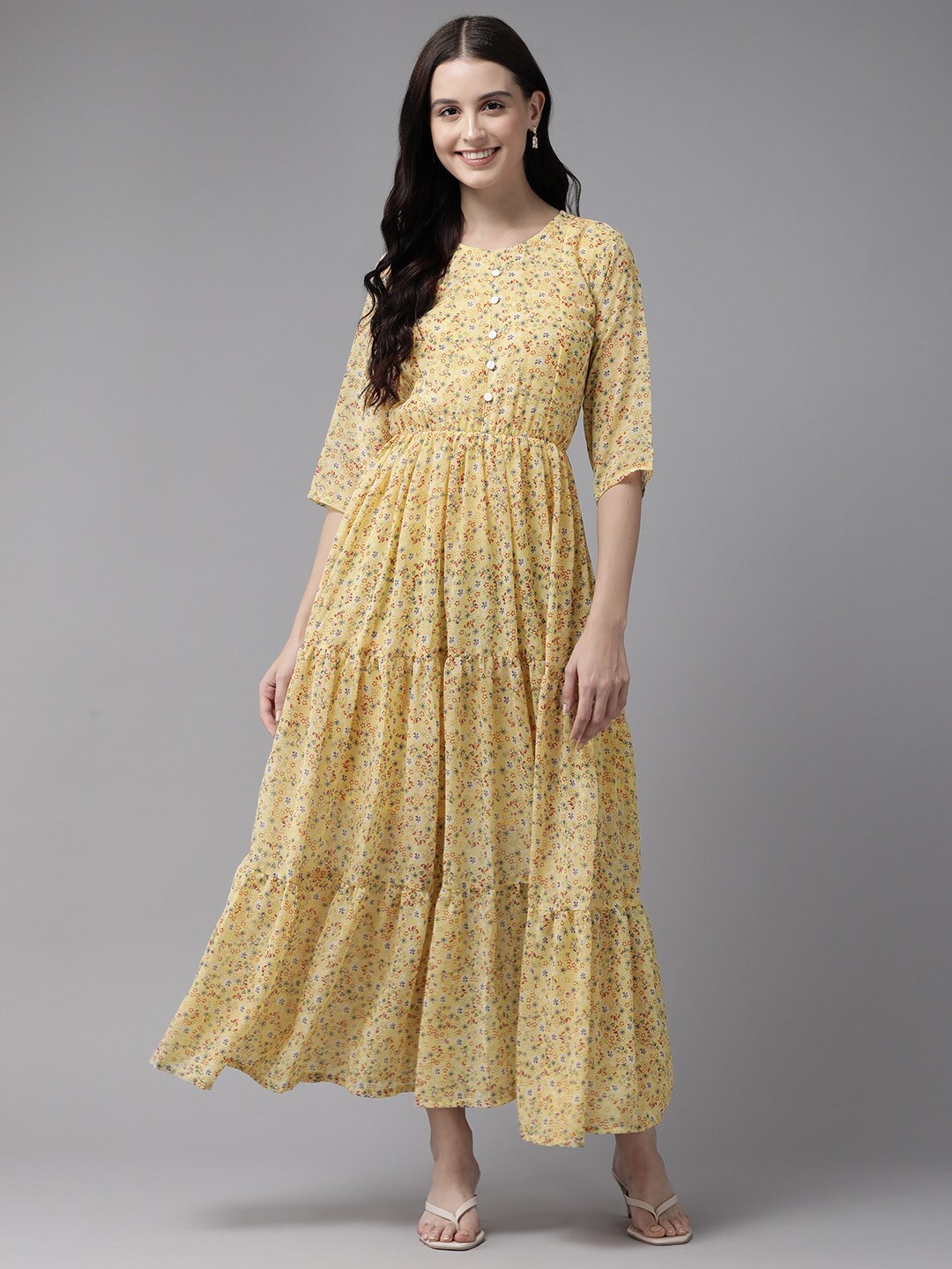 

Aarika Ethnic Motifs Print Round Neck Georgette Maxi Dress, Yellow