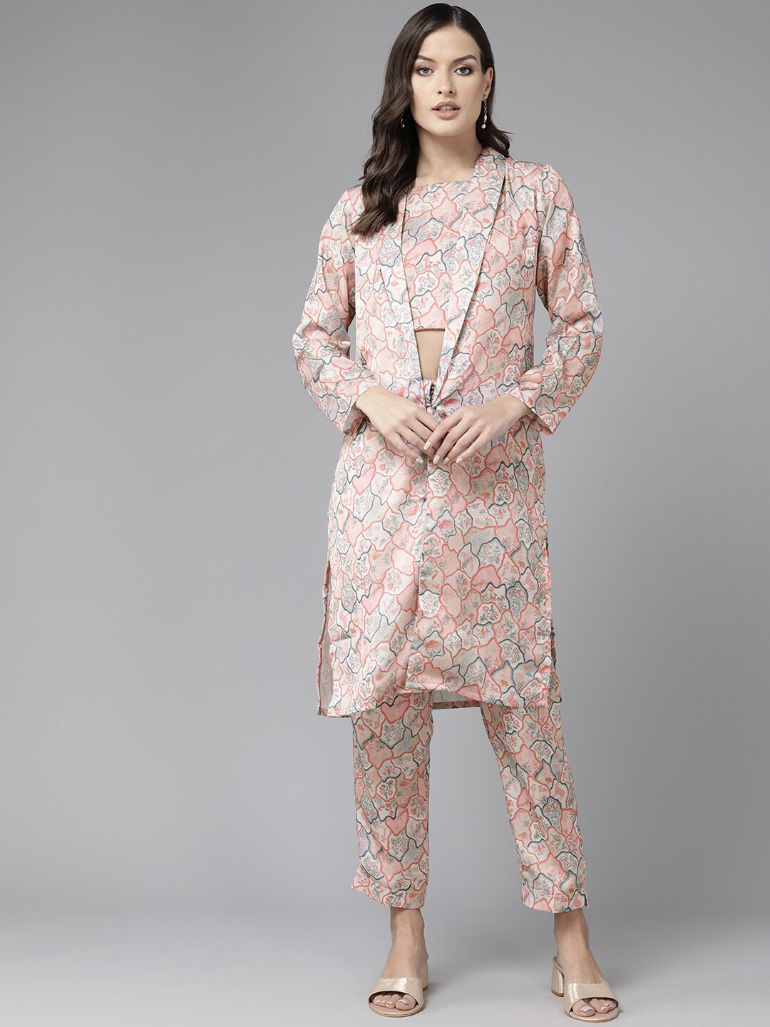 

Aarika Floral Printed Shoulder Straps Crop Top With Trousers & Shrug, Coral