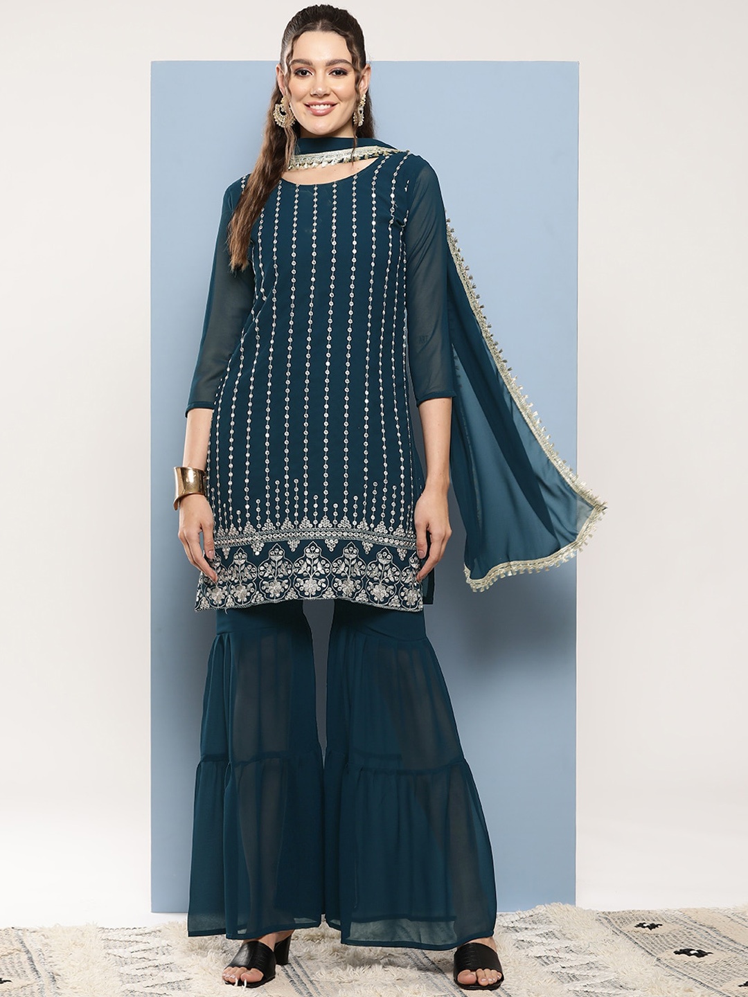 

Aarika Ethnic Motifs Embroidered Regular Sequinned Kurta With Sharara & Dupatta, Navy blue