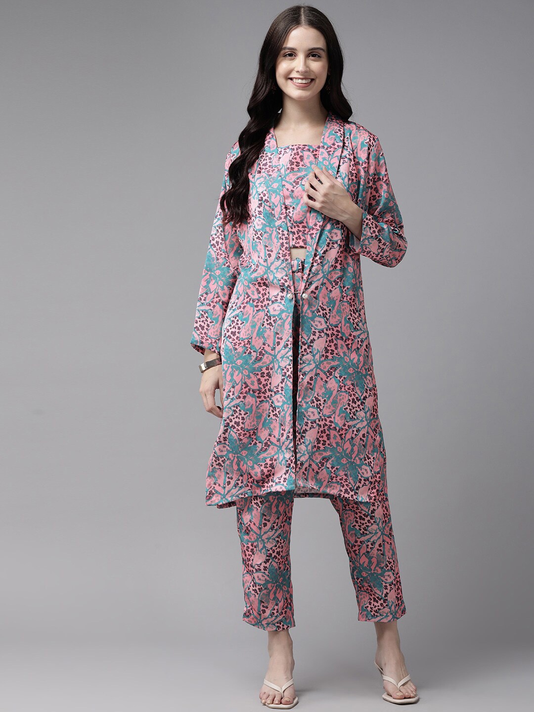 

Aarika Floral Printed Satin Top With Trousers & Shrug, Pink