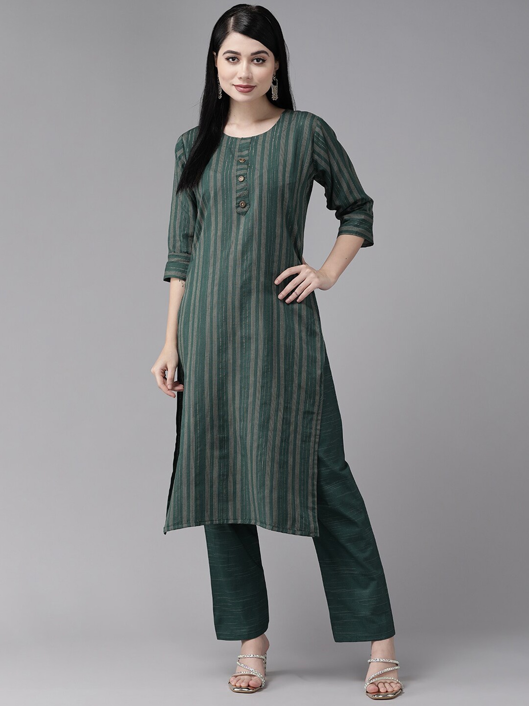 

Aarika Women Striped Regular Pure Cotton Kurta with Trousers, Green