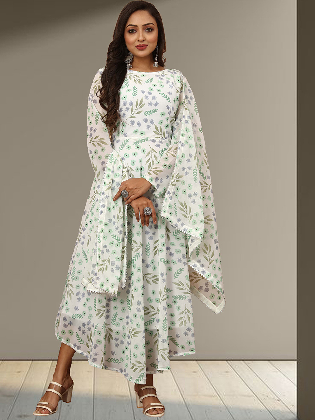 

N N ENTERPRISE Floral Printed Georgette Maxi Ethnic Gown With Dupatta, White